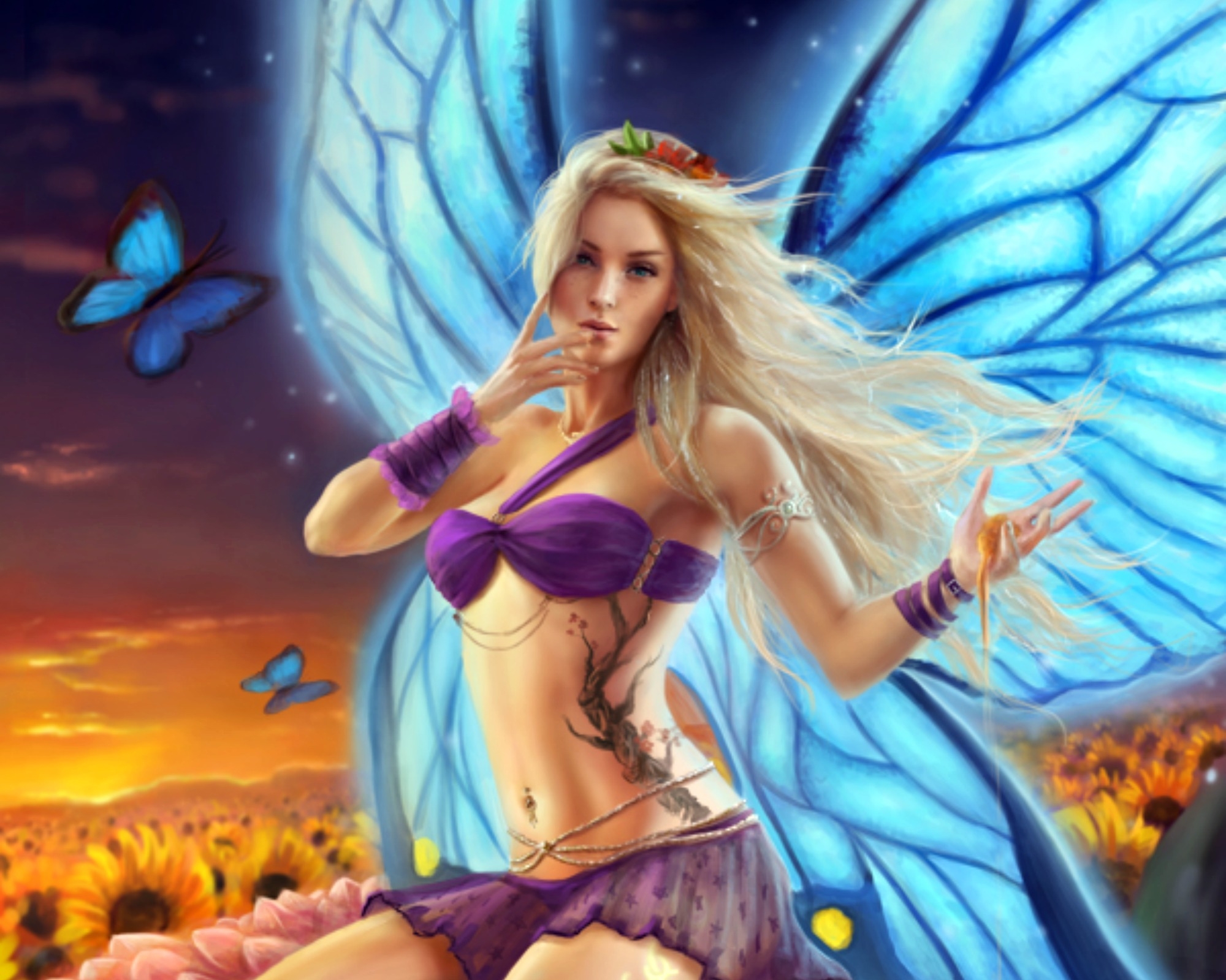Download mobile wallpaper Fantasy, Field, Butterfly, Wings, Sunflower, Fairy for free.