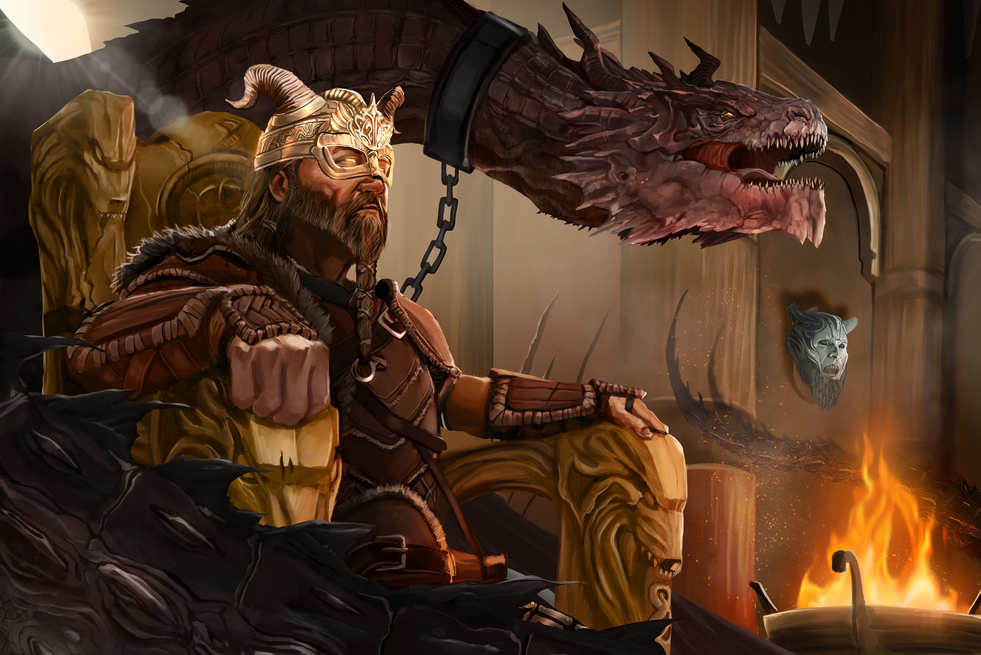 Free download wallpaper Fantasy, Dragon, Beard, Warrior, Throne on your PC desktop