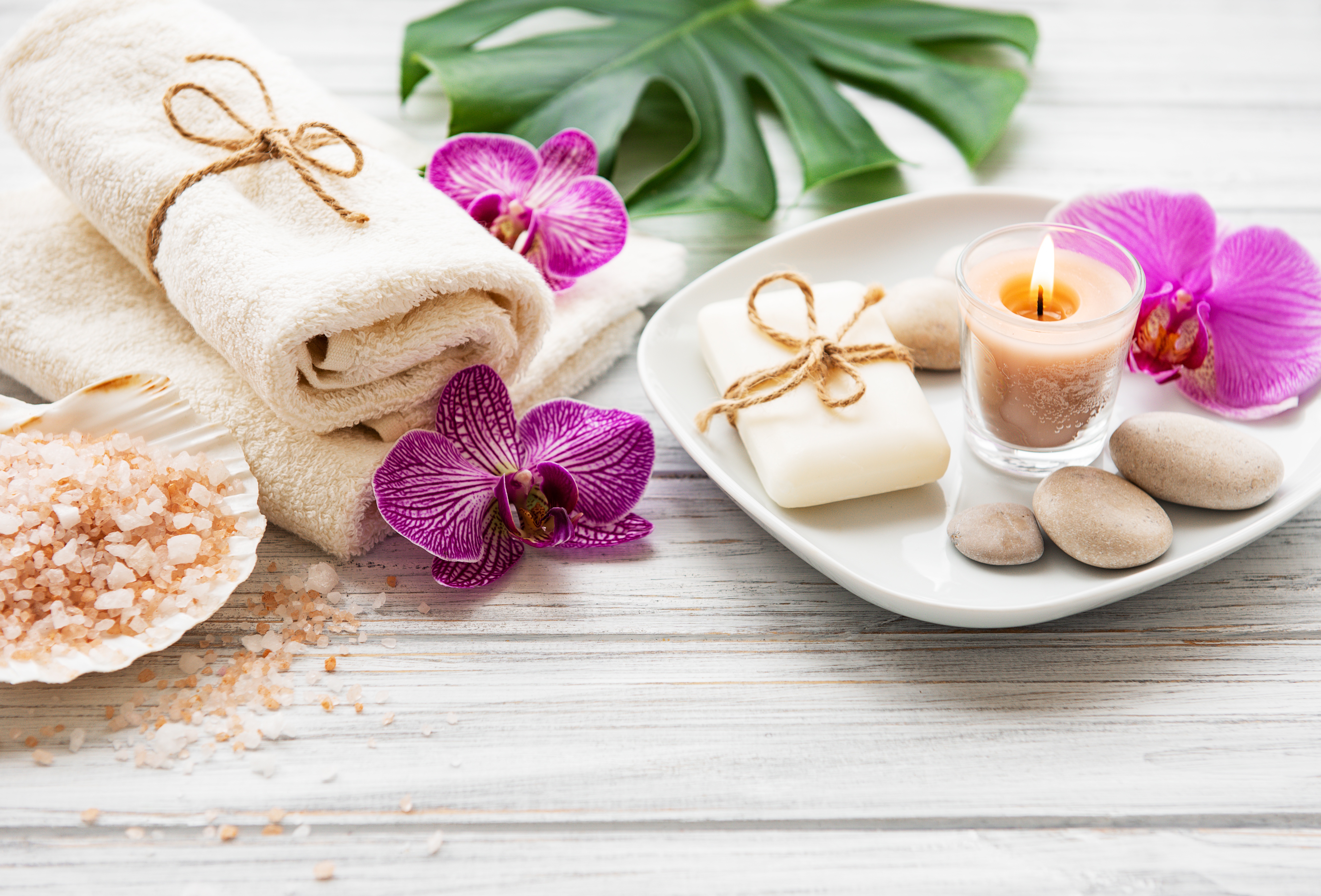 man made, spa, candle, flower, orchid, towel, zen