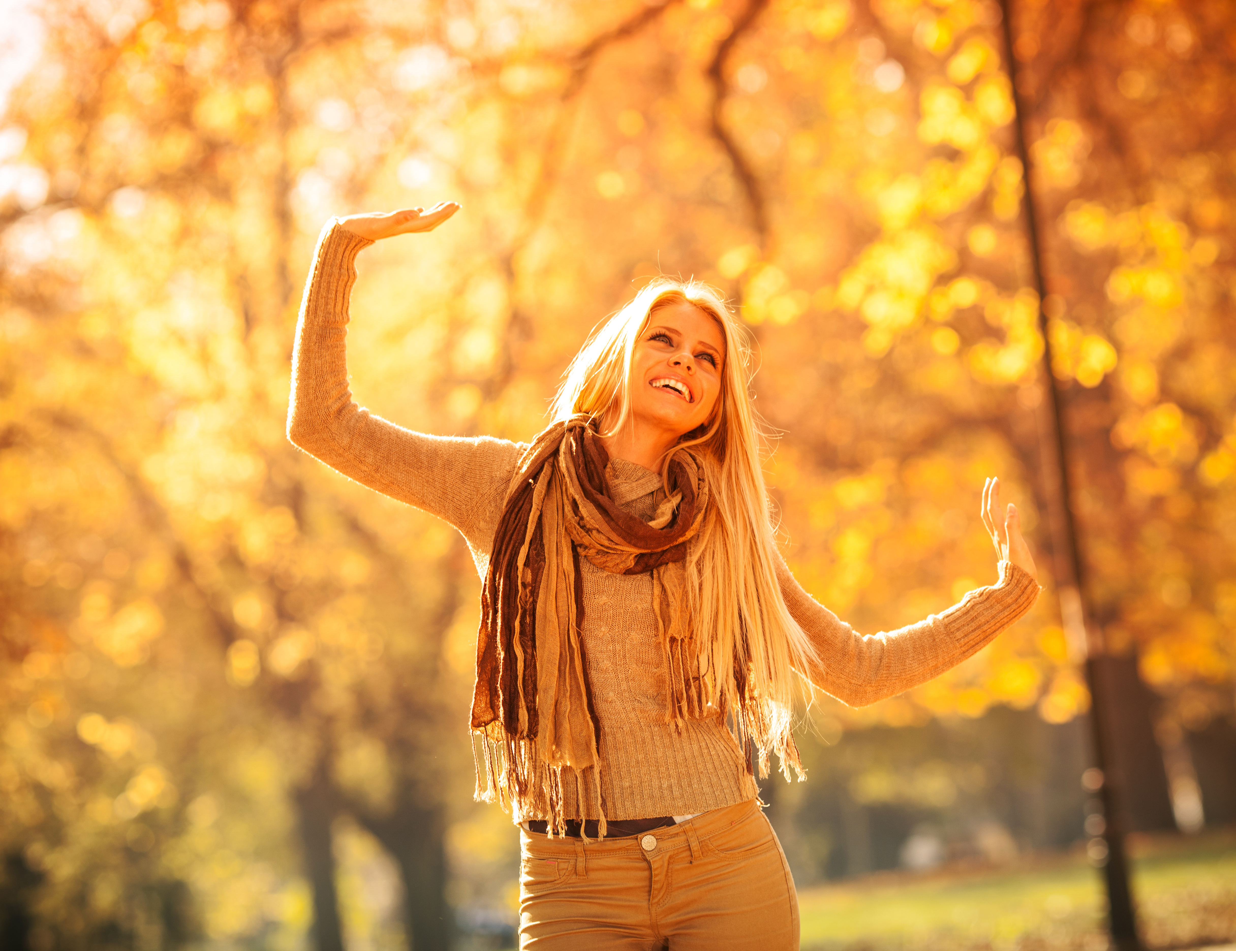 Handy-Wallpaper Herbst, Lächeln, Stimmung, Modell, Frauen, Schal, Blondinen, Tiefenschärfe kostenlos herunterladen.