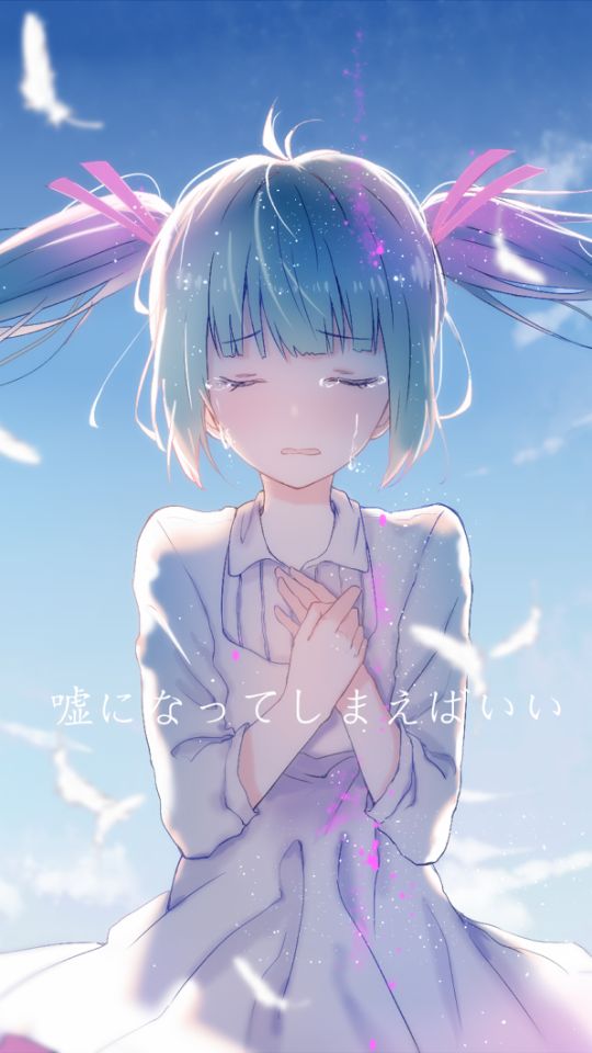 Download mobile wallpaper Anime, Sky, Feather, Cloud, Vocaloid, Dress, Ribbon, Tears, Blue Hair, Hatsune Miku, Long Hair, Twintails for free.