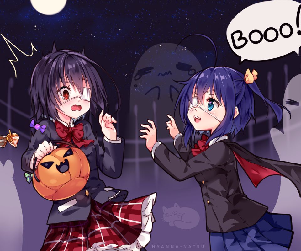 Download mobile wallpaper Anime, Halloween, Cat, Ghost, Crossover, Vampire, Another (Anime), Mei Misaki, Rikka Takanashi, Chūnibyō Demo Koi Ga Shitai! for free.