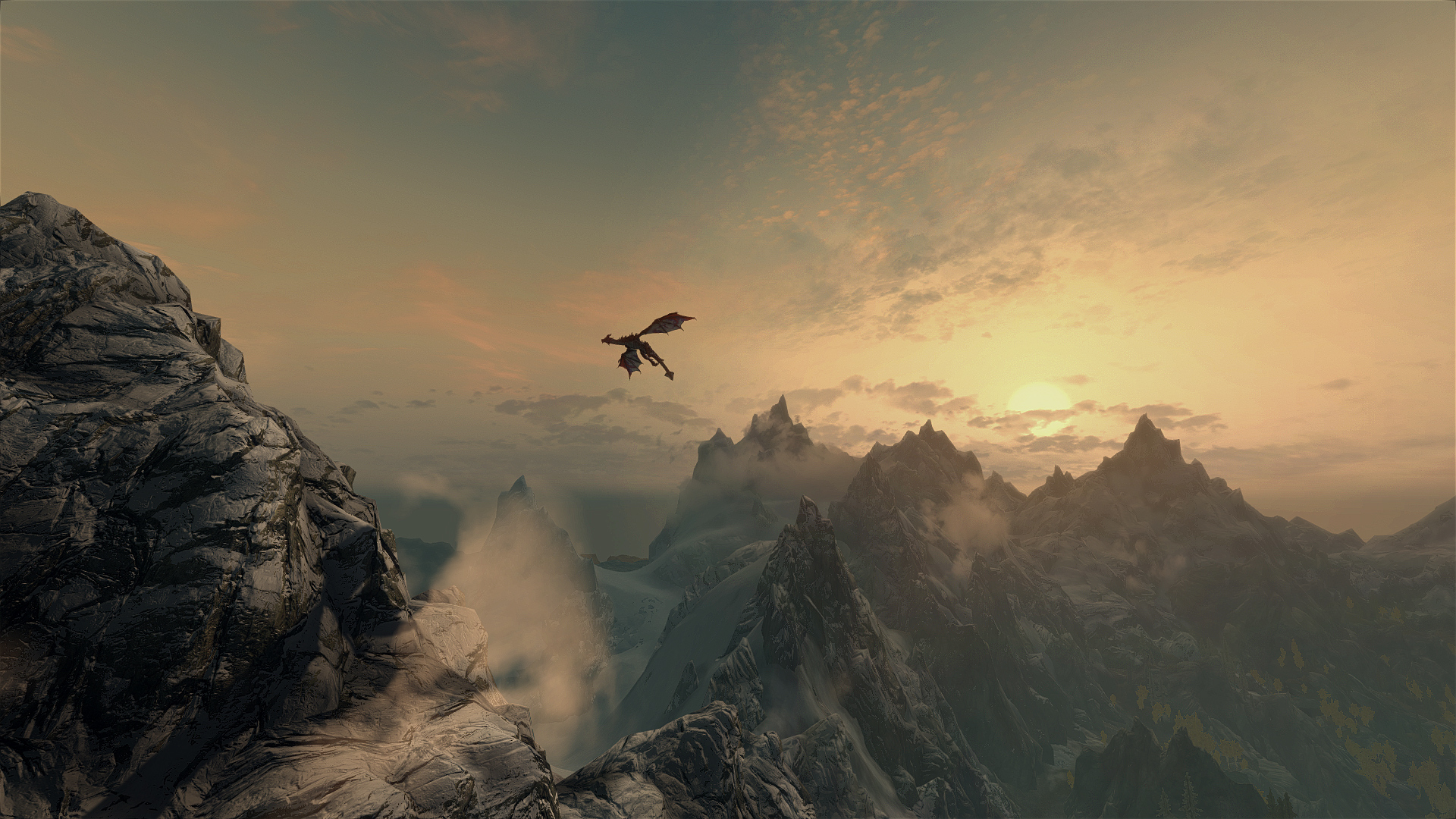 fantasy, dragons, mountains, sunset 2160p