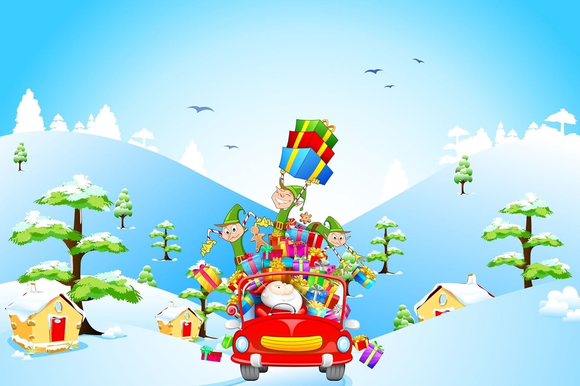 Free download wallpaper Winter, Santa Claus, Snow, Bird, Car, Christmas, Holiday, House, Gift, Elf on your PC desktop
