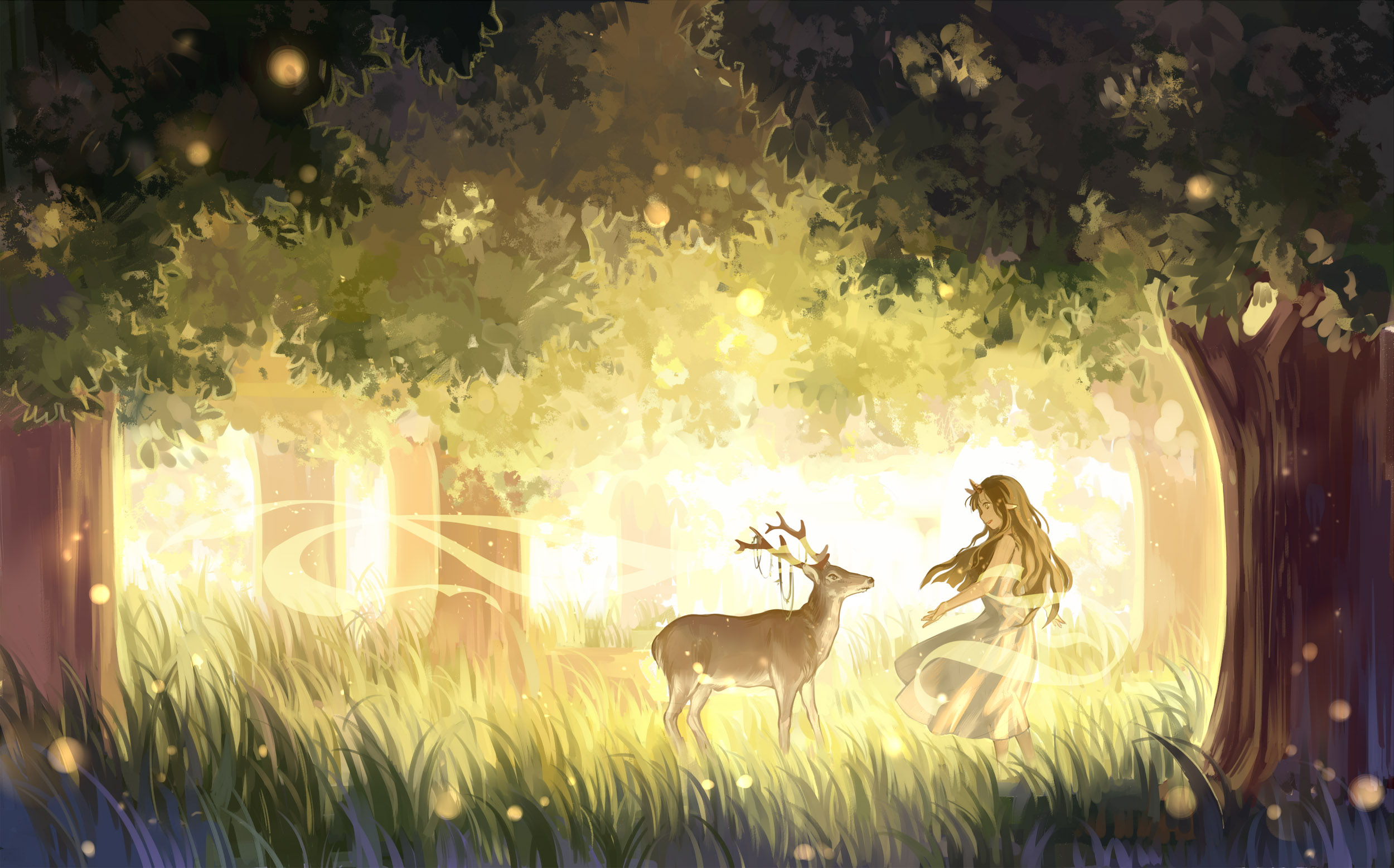Free download wallpaper Anime, Forest, Deer, Dress, Original, Long Hair, Brown Hair on your PC desktop