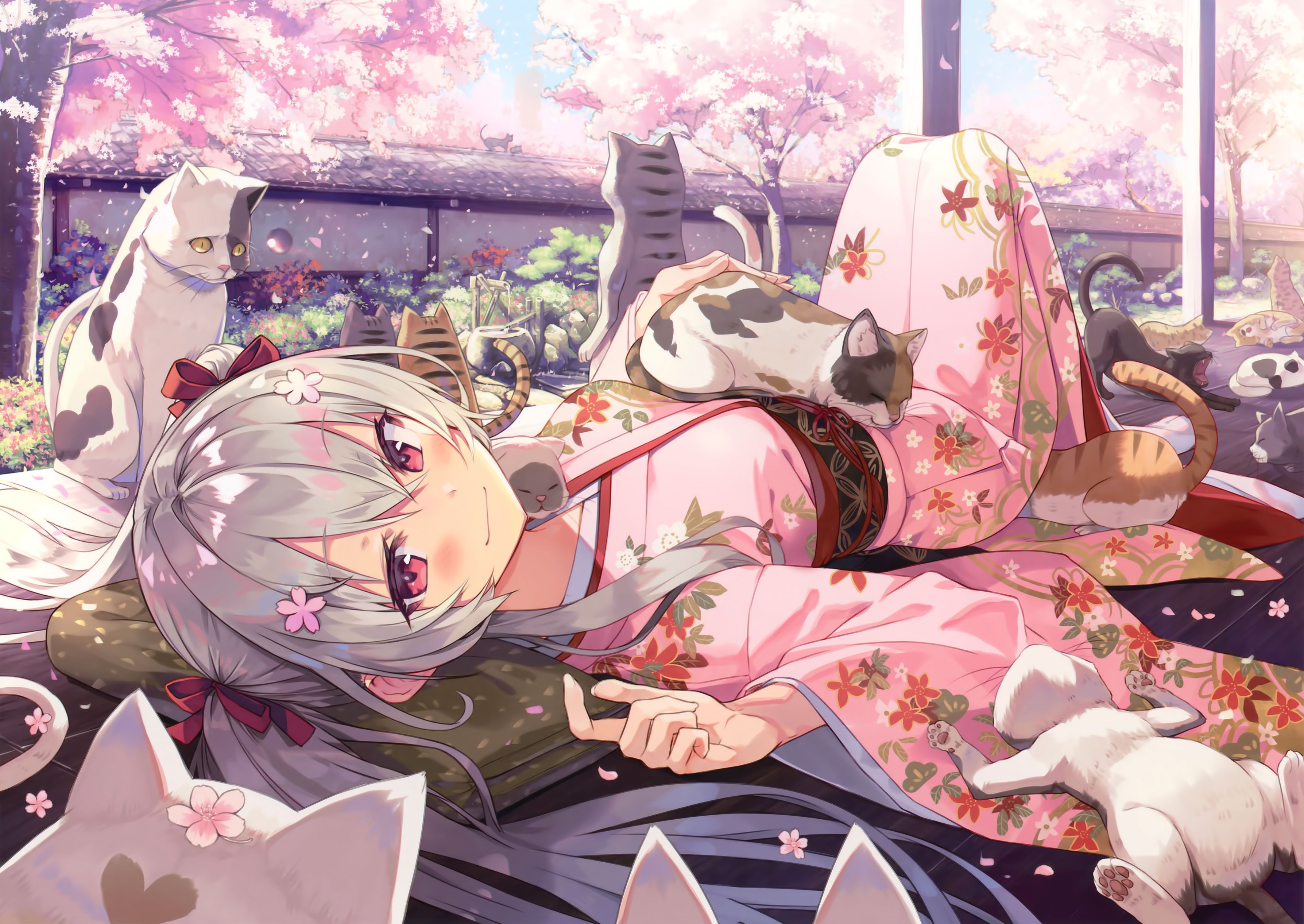 Laden Sie das Mädchen, Katze, Kimono, Hinlegen, Rote Augen, Animes, Weißes Haar, Japanische Kleidung-Bild kostenlos auf Ihren PC-Desktop herunter