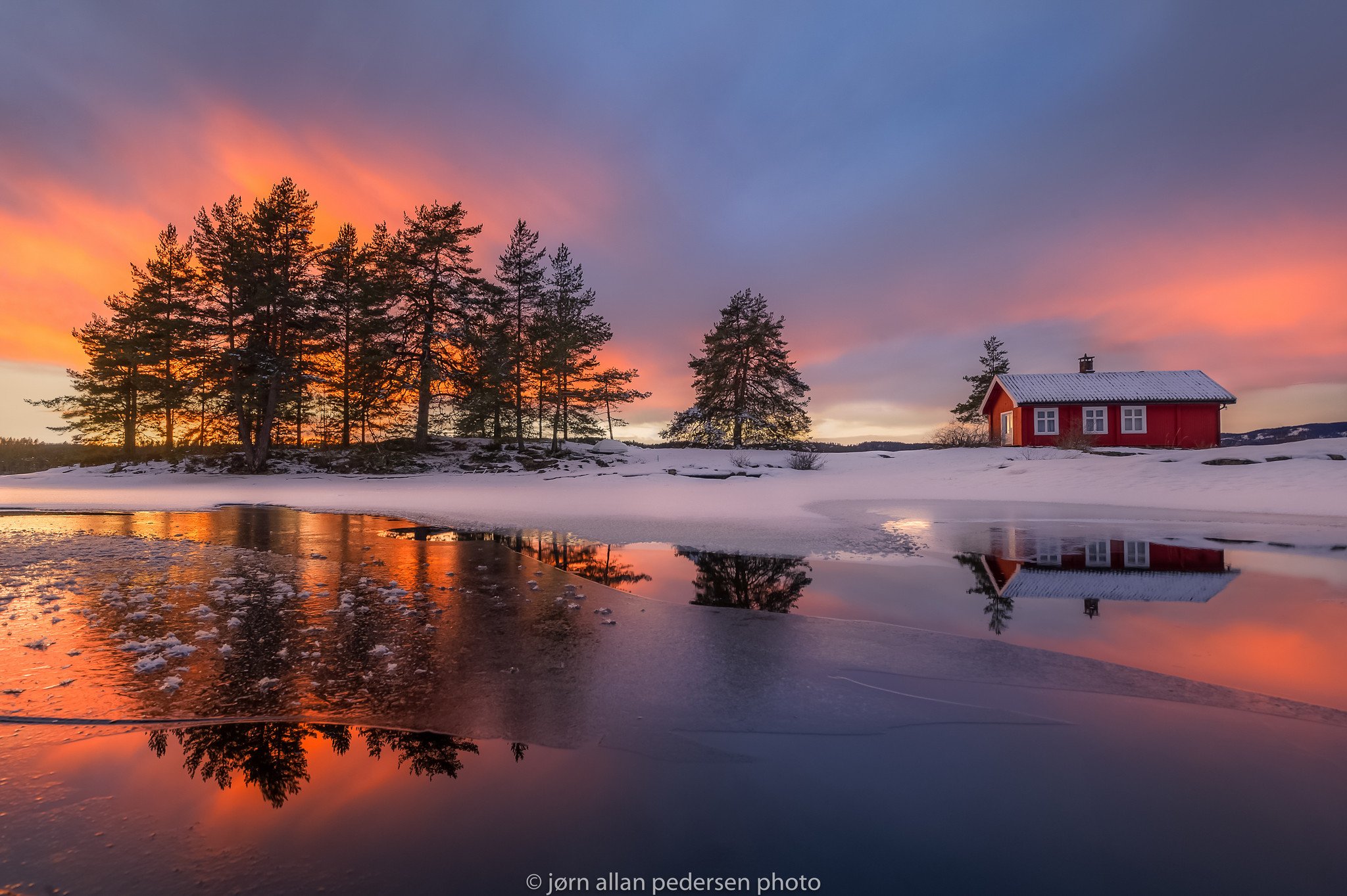 Download mobile wallpaper Winter, Sunset, Ice, Snow, Lake, Tree, House, Photography for free.