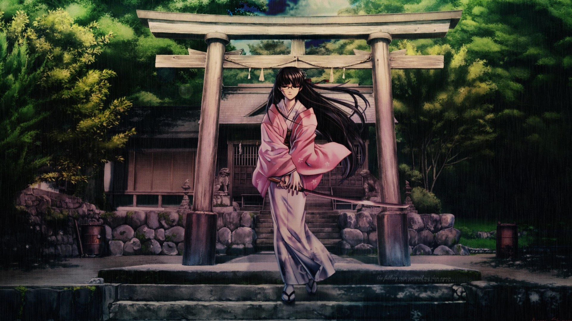 anime, black lagoon, katana, kimono, rain, torii
