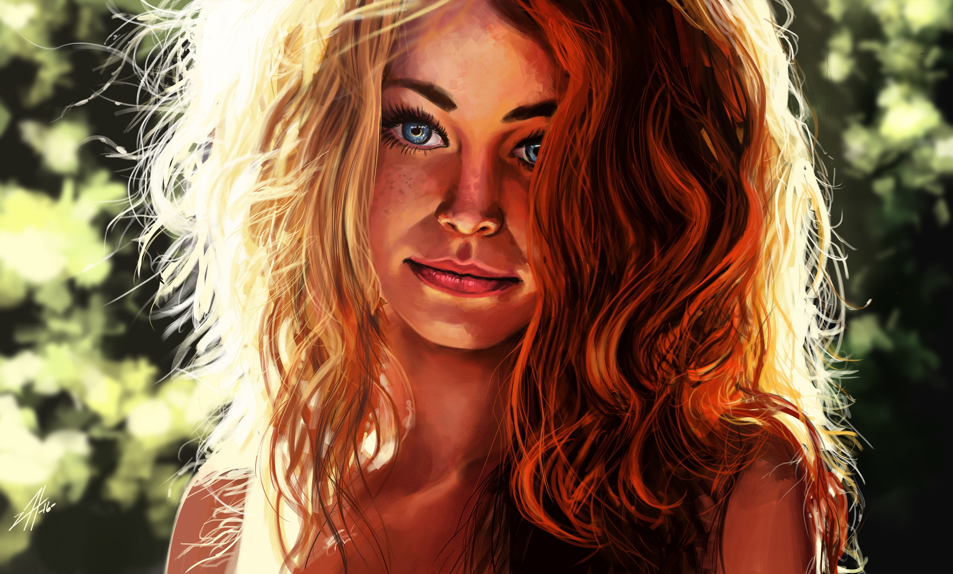 Download mobile wallpaper Redhead, Painting, Artistic, Face, Blue Eyes, Freckles for free.