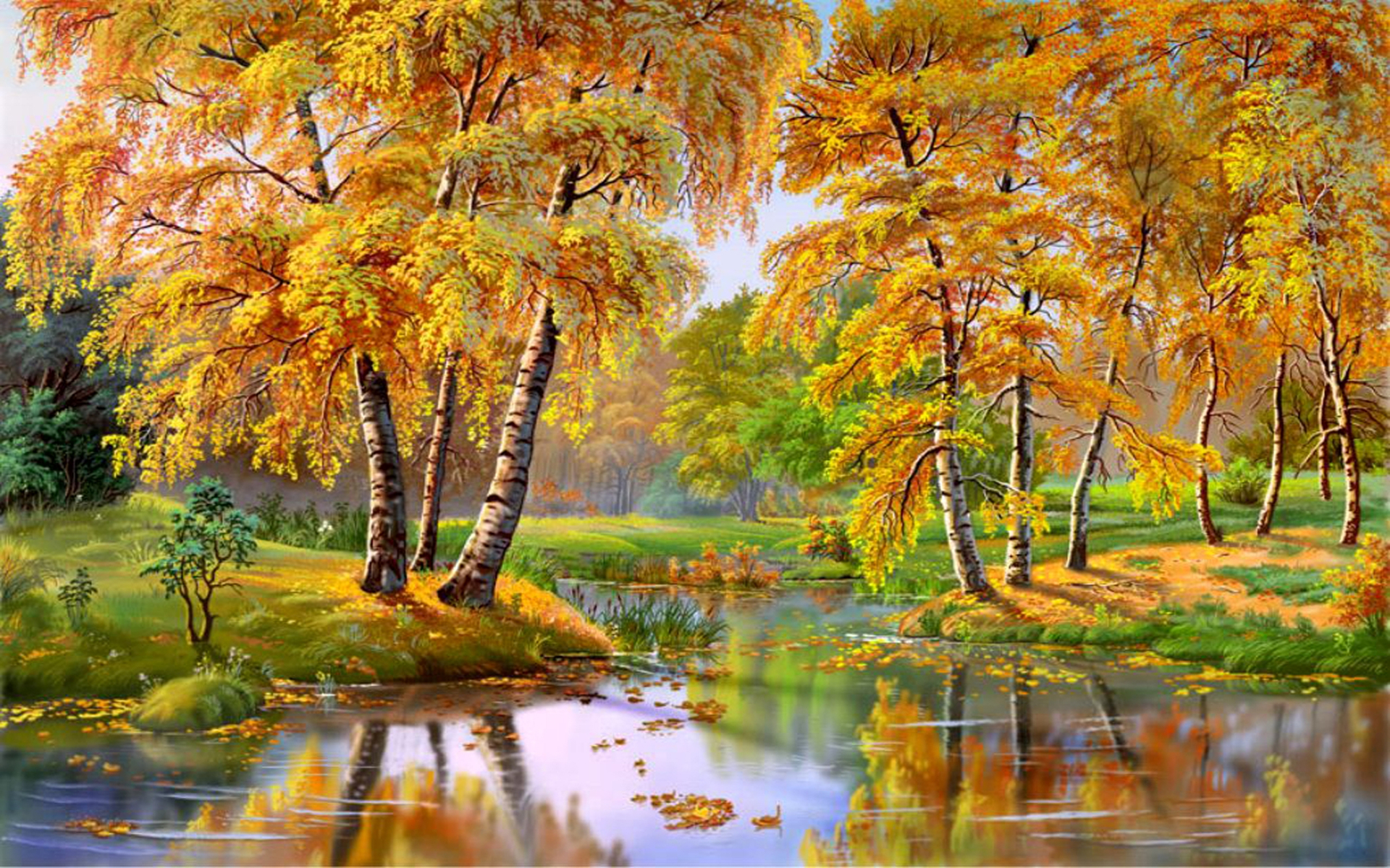 749754 descargar imagen artístico, pintura, abedul, otoño, estanque, árbol: fondos de pantalla y protectores de pantalla gratis
