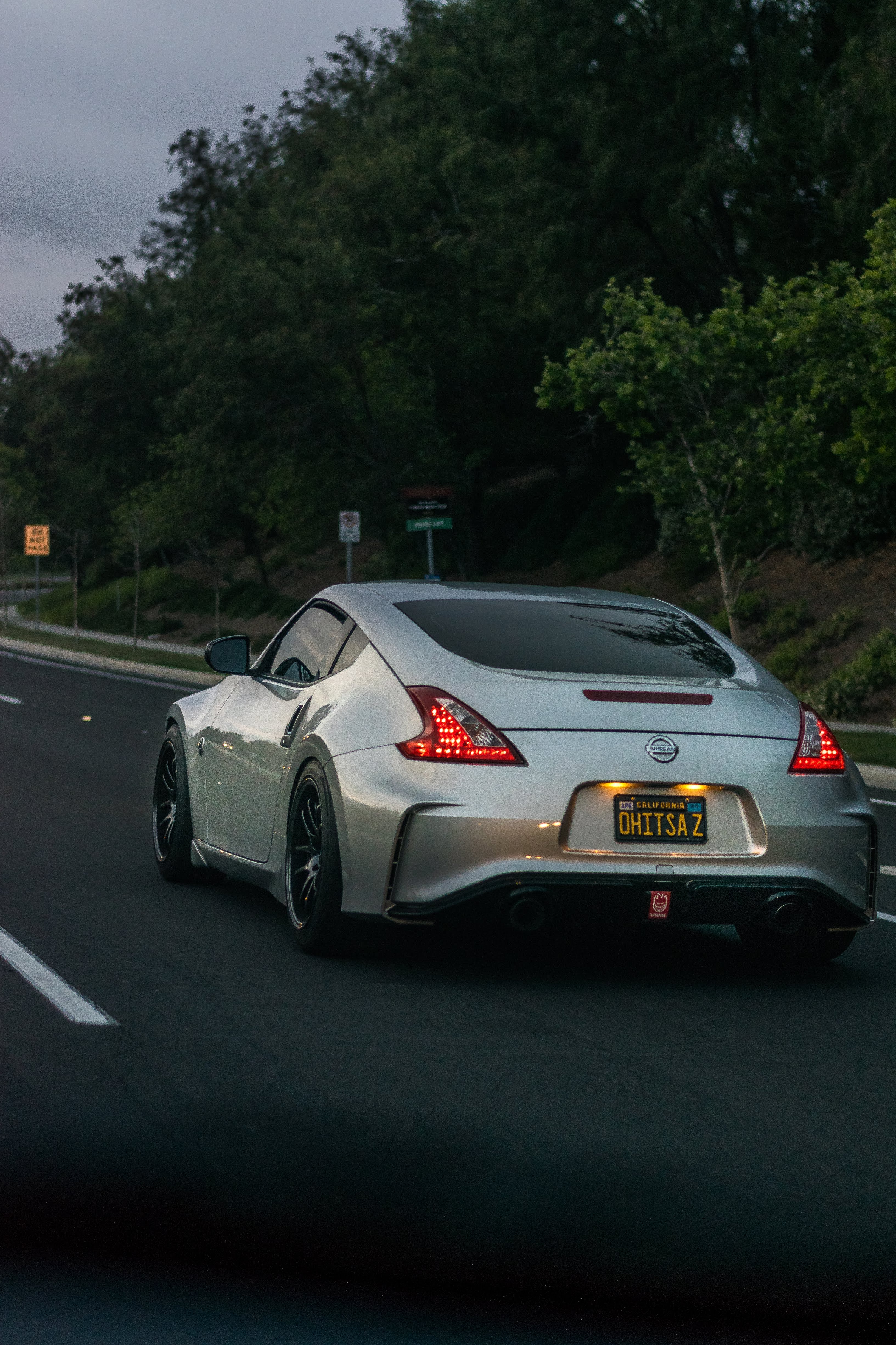 cars, nissan 370z, road, traffic, movement, silver, silvery