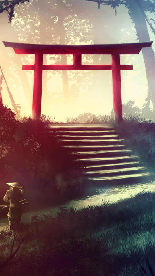 Download mobile wallpaper Fantasy, Forest, Tree, Path, Warrior, Samurai, Shrine for free.