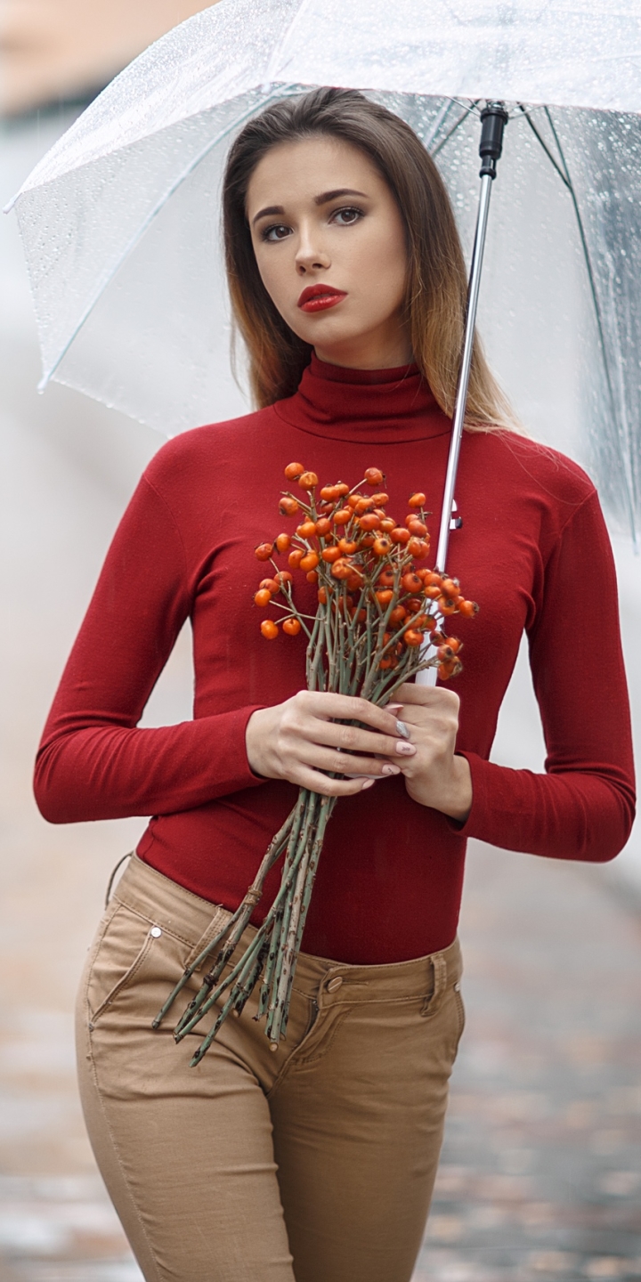 Download mobile wallpaper Umbrella, Brunette, Model, Women, Brown Eyes, Lipstick for free.