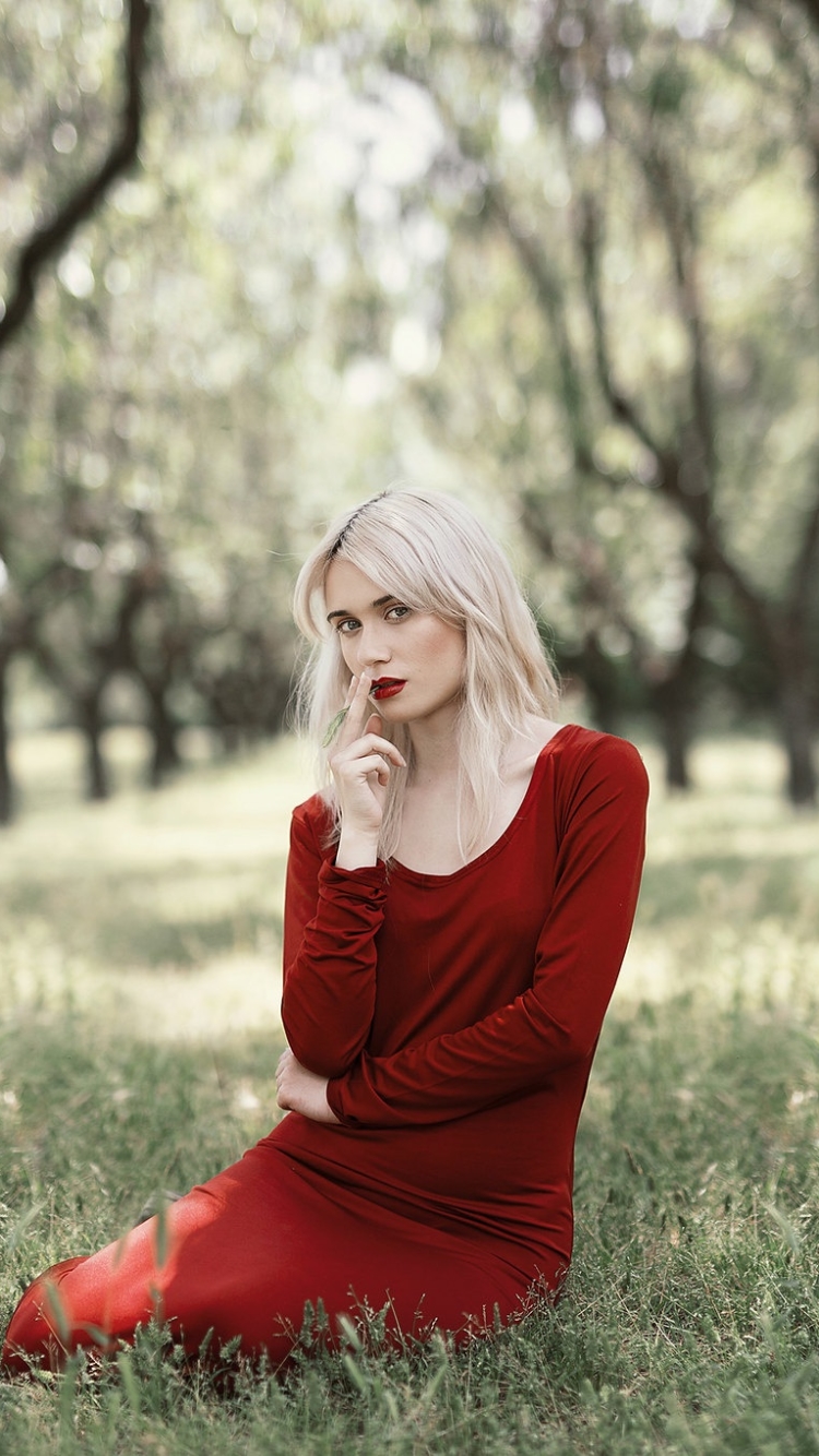 Download mobile wallpaper Blonde, Model, Women, Lipstick, Red Dress, Depth Of Field for free.