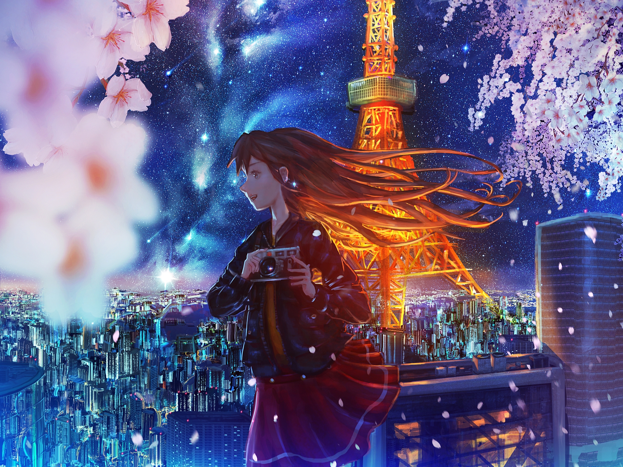 Скачать обои бесплатно Аниме, Город, Цветок, Звездное Небо, Оригинал, Токийская Башня картинка на рабочий стол ПК