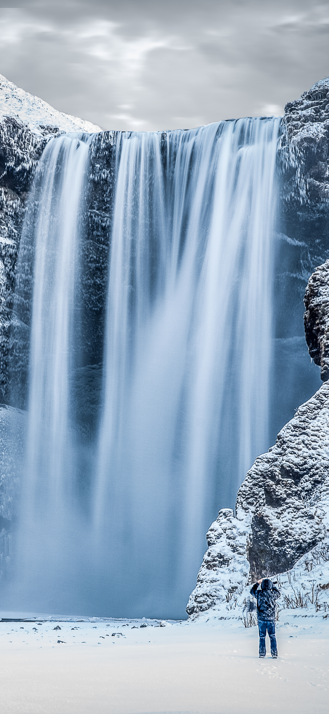 Download mobile wallpaper Winter, Waterfalls, Snow, Waterfall, Earth, Iceland, Skógafoss for free.