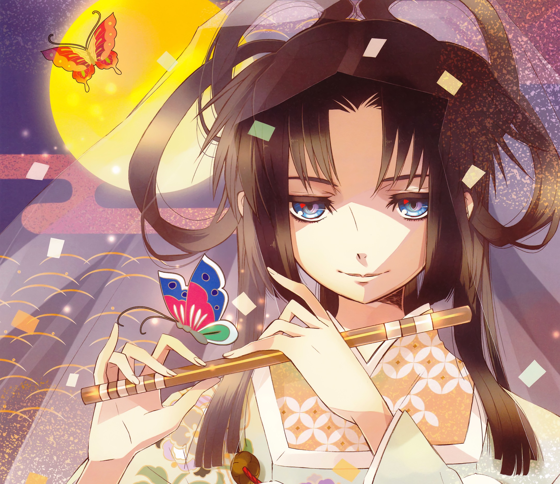 Download mobile wallpaper Anime, Butterfly, Veil, Blue Eyes, Original, Long Hair, Flute for free.