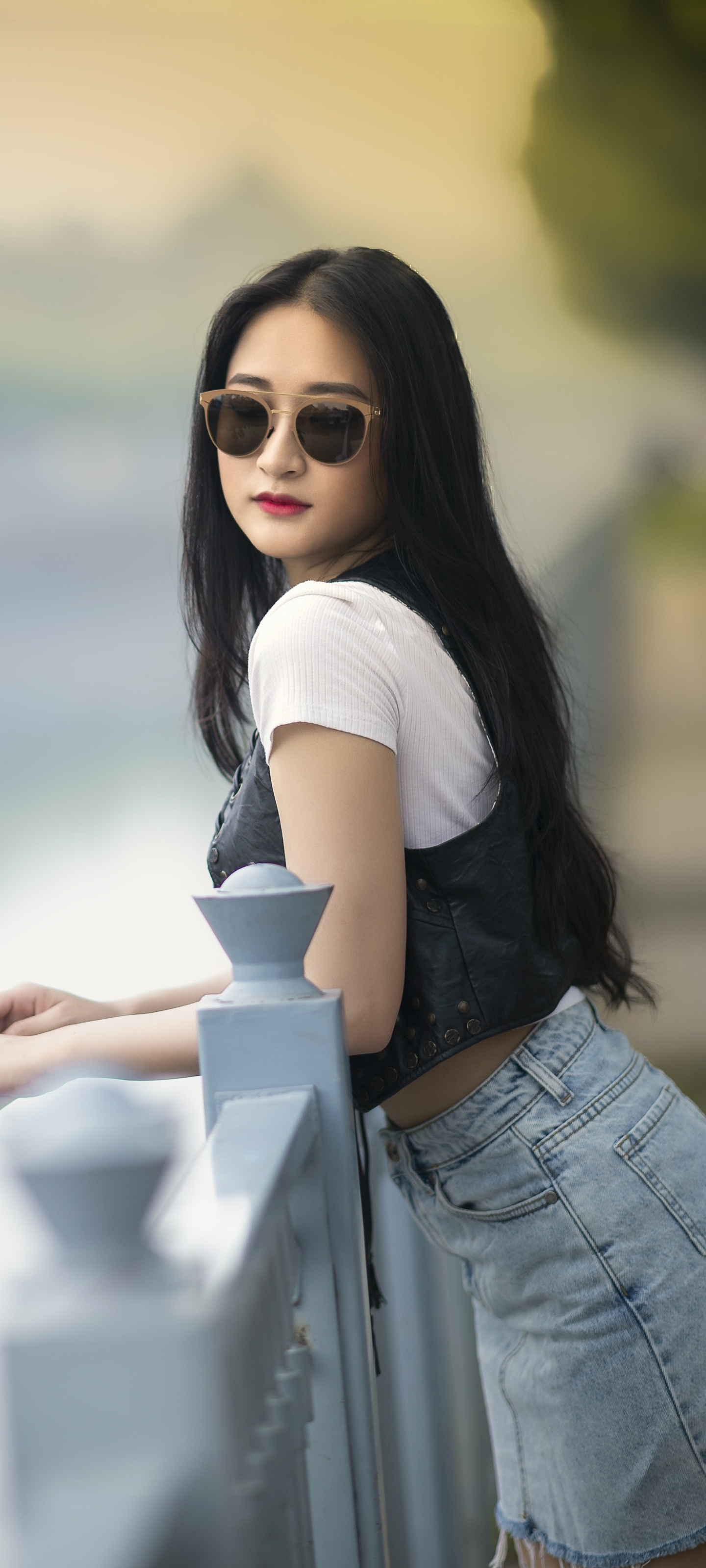 Download mobile wallpaper Sunglasses, Model, Women, Asian, Black Hair, Long Hair, Depth Of Field for free.