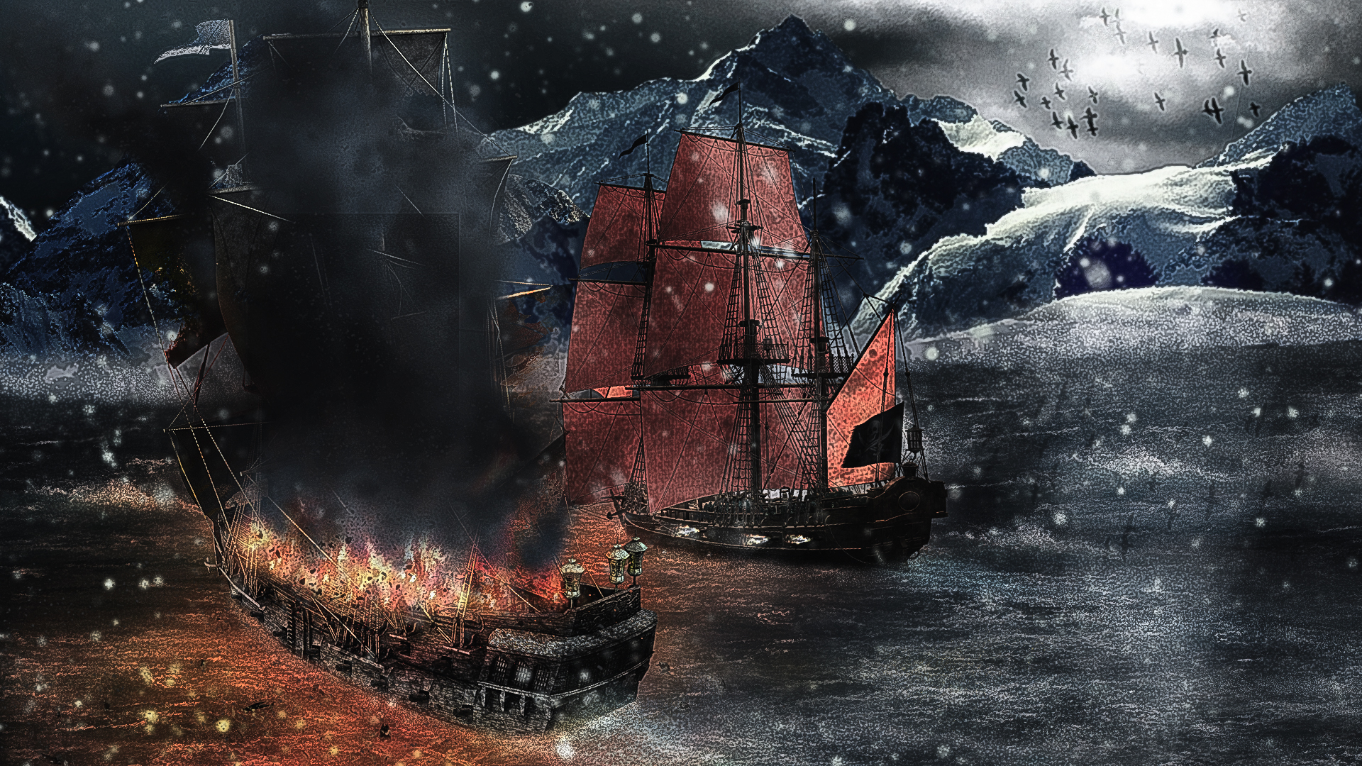 Download mobile wallpaper Fantasy, Explosion, Ship, Battle, Pirate for free.