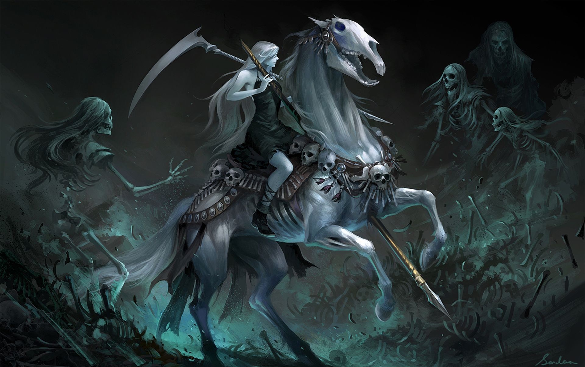 Free download wallpaper Dark, Horse, Skeleton, Women, Scythe, Undead on your PC desktop