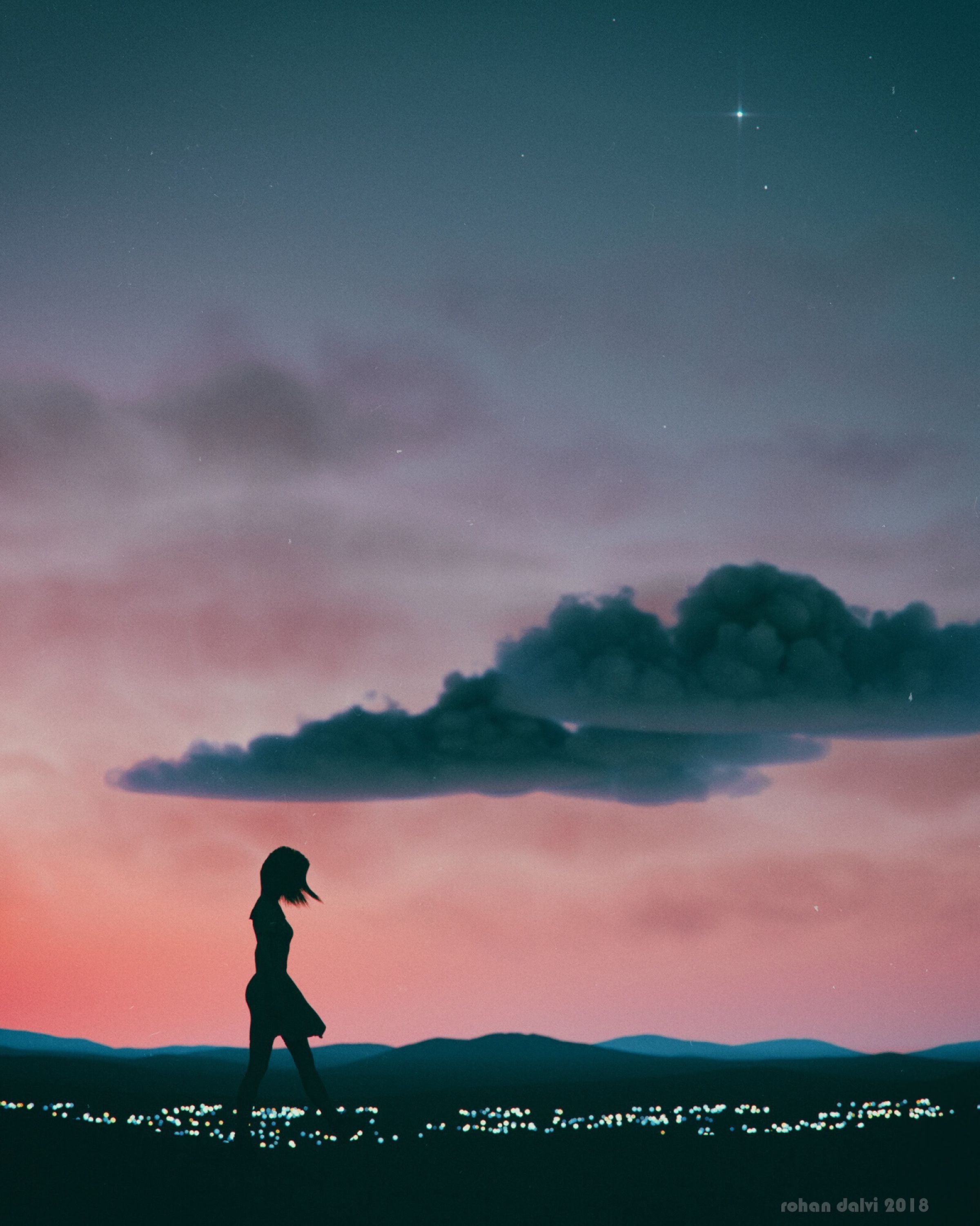 Download mobile wallpaper Clouds, Horizon, Night, Silhouette, Girl, Art for free.