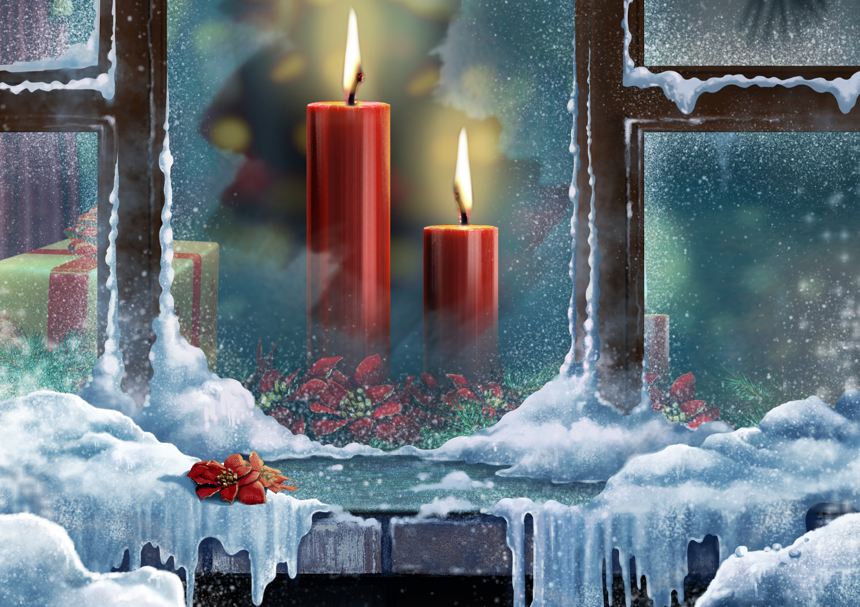 217372 baixar imagens natal, janela, feriados, vela, presente, neve - papéis de parede e protetores de tela gratuitamente