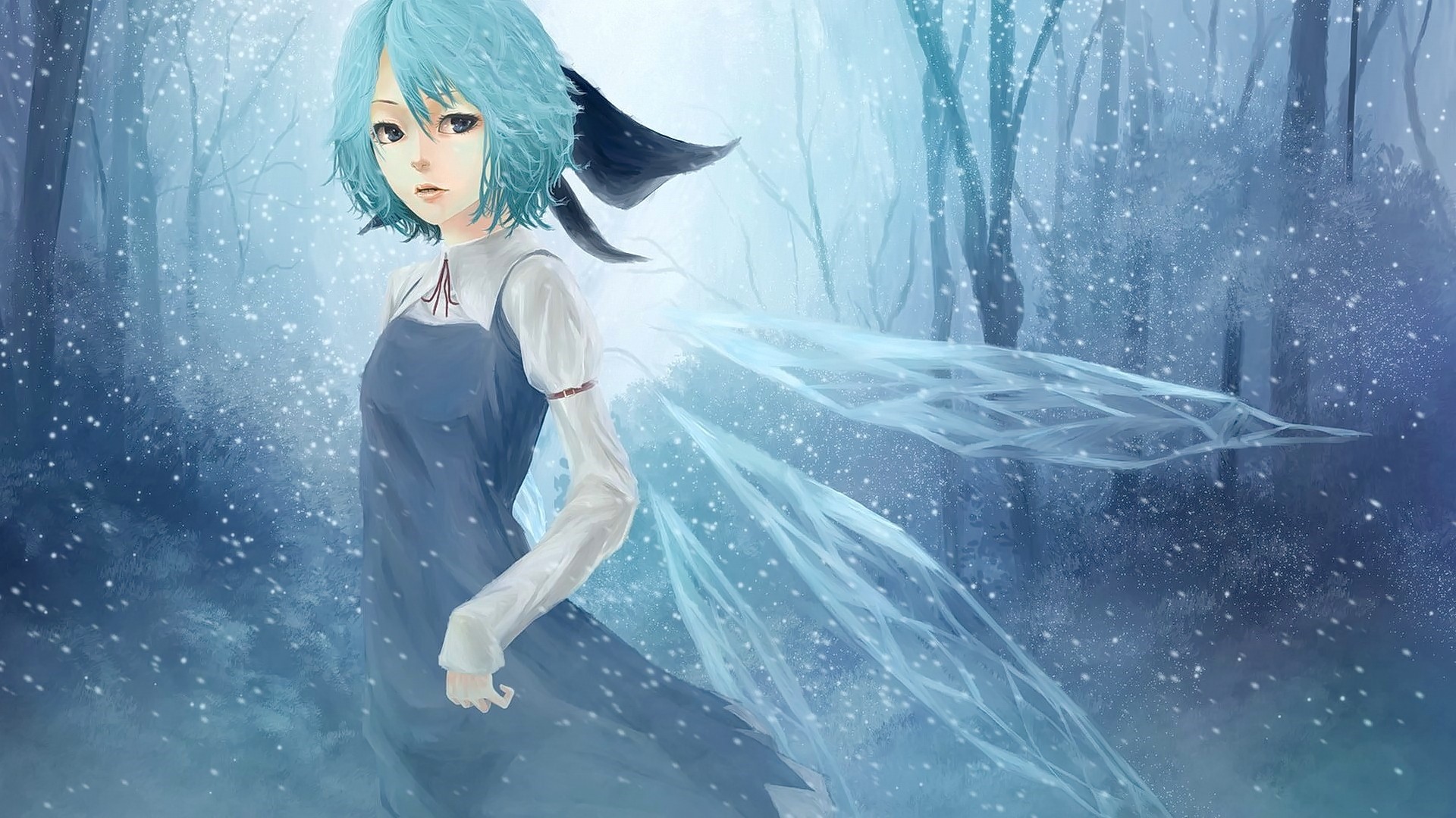 Download mobile wallpaper Anime, Winter, Snow, Fairy, Blue Hair, Touhou, Short Hair, Cirno (Touhou) for free.