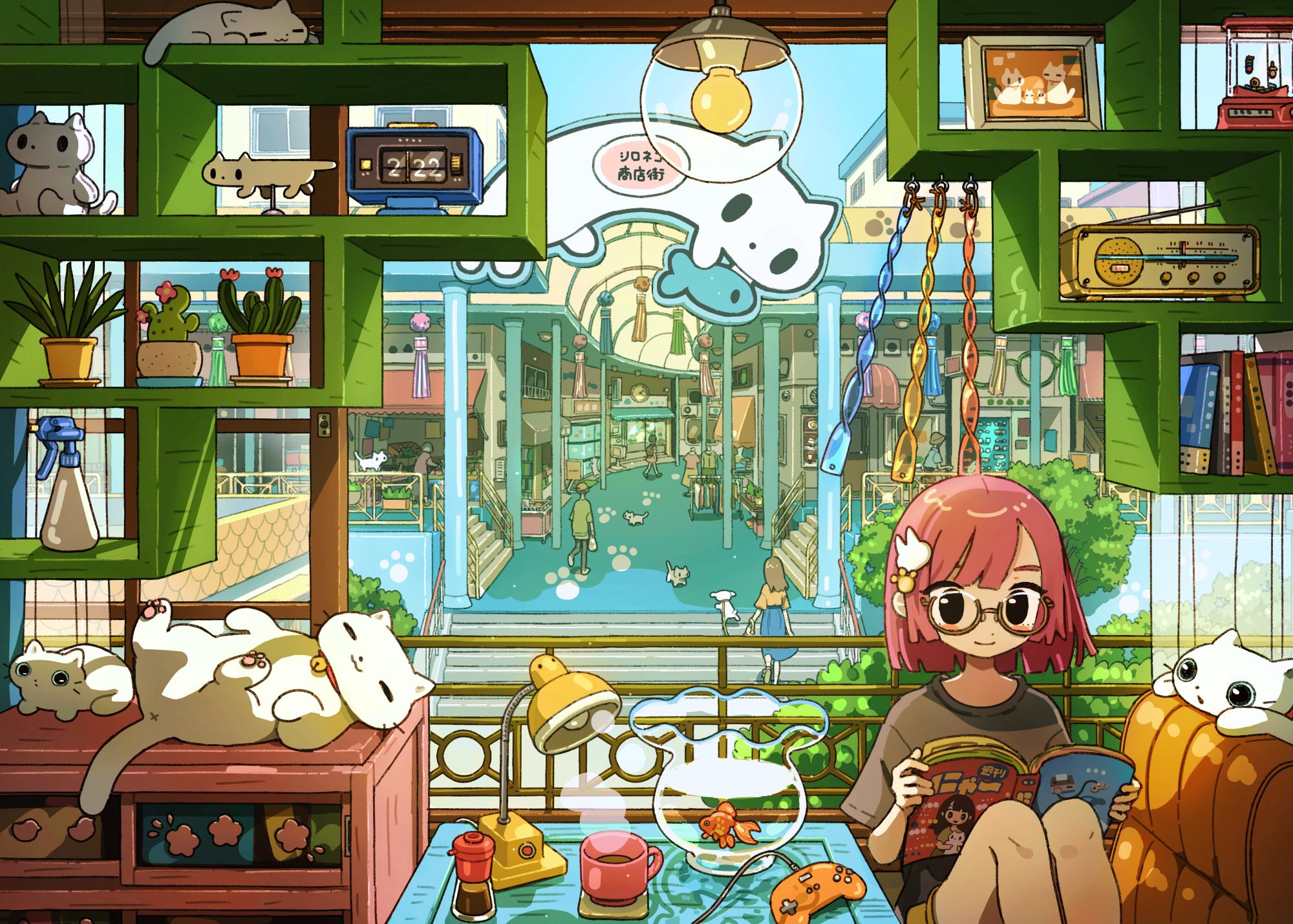 Free download wallpaper Anime, Cat, Girl, Fish, Short Hair on your PC desktop
