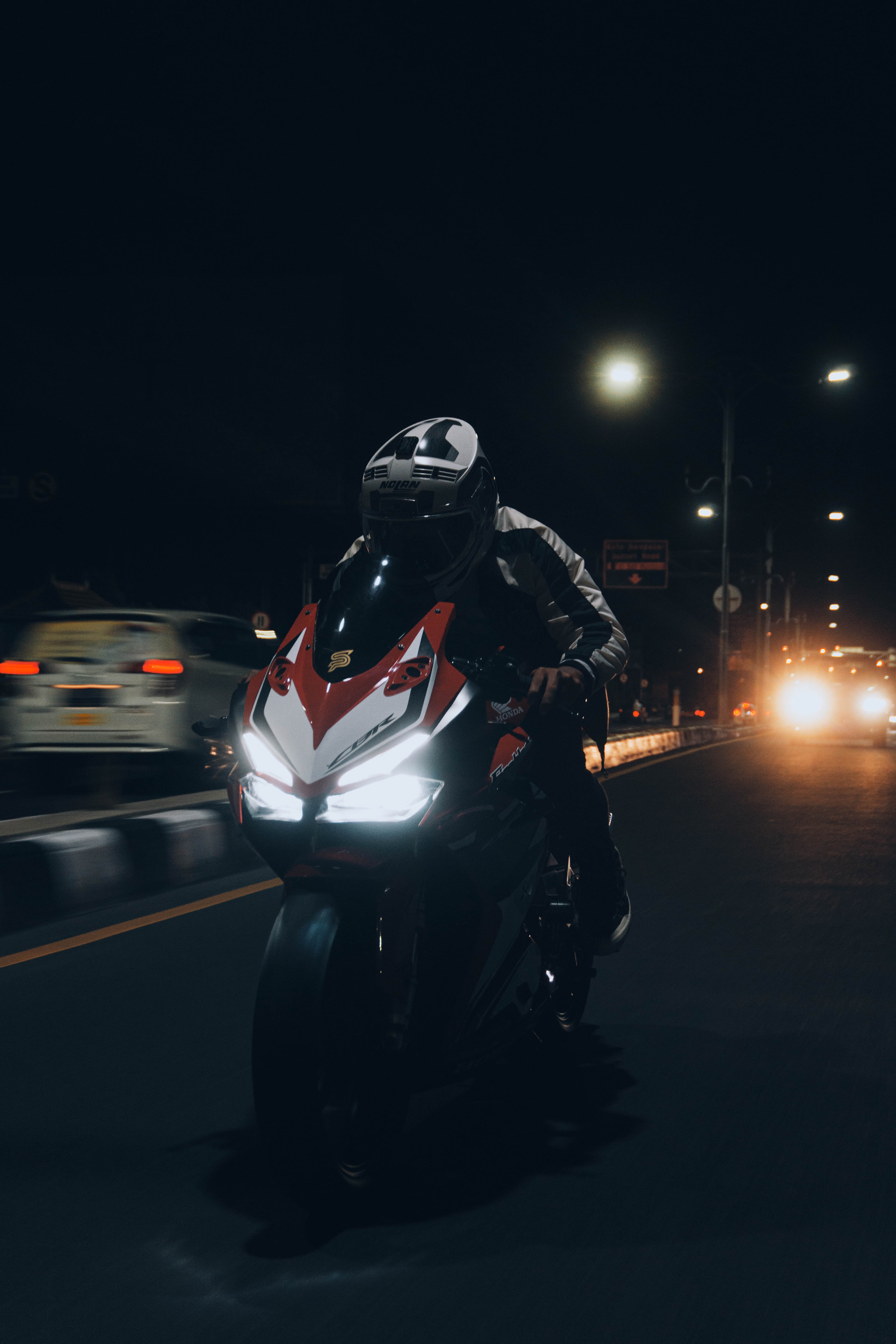 Download mobile wallpaper Motorcycle, Bike, Road, Speed, Night, Motorcycles, Motorcyclist for free.