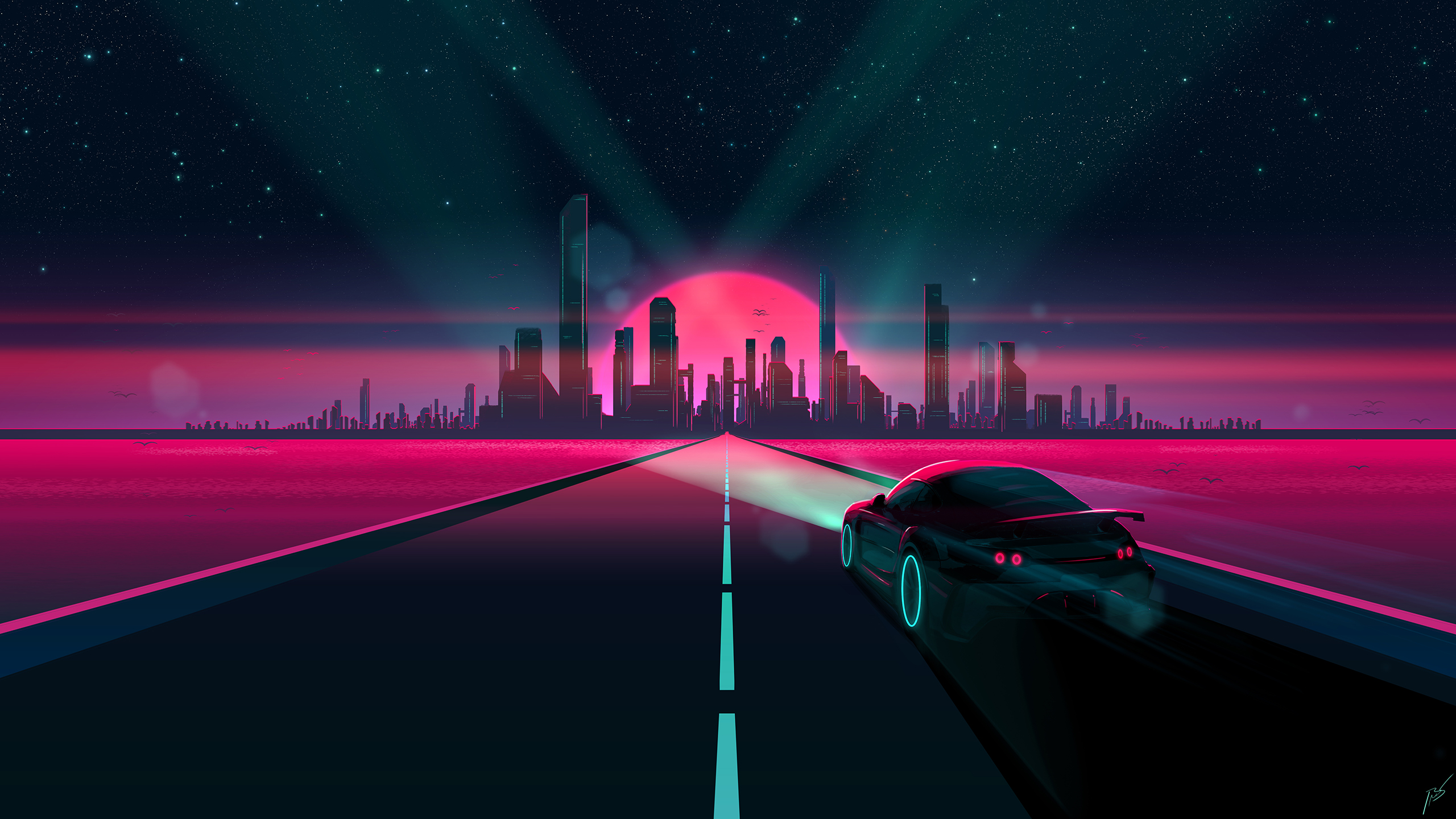 Download mobile wallpaper City, Car, Artistic, Retro Wave for free.