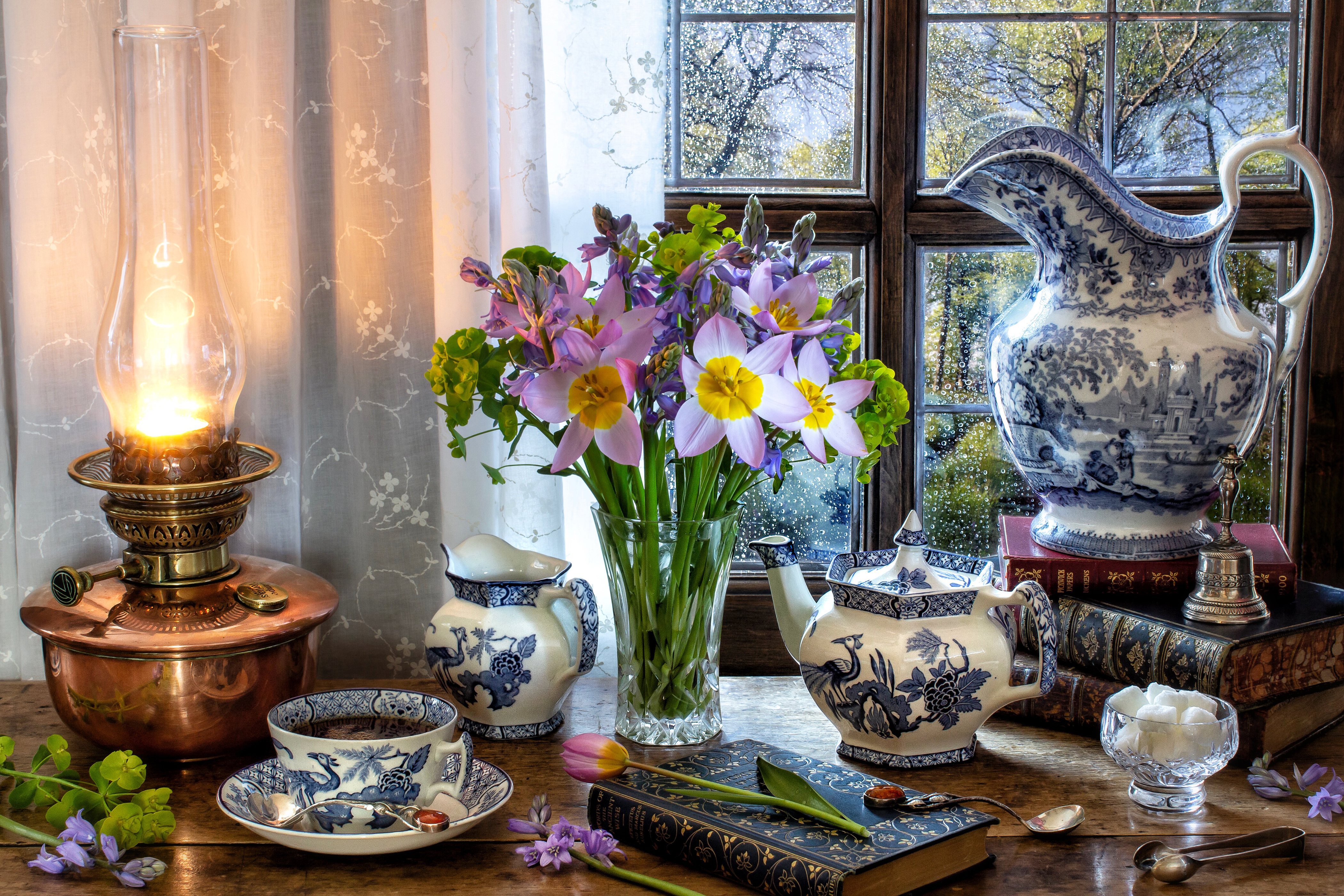 photography, still life, book, flower, kerosene lamp, teacup, teapot, vase, window
