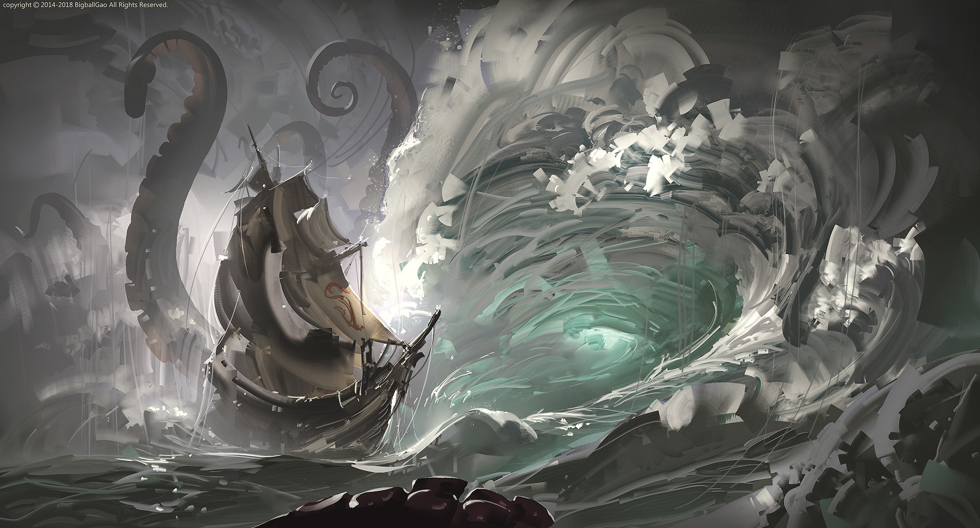 Free download wallpaper Fantasy, Ship, Wave, Sea Monster on your PC desktop
