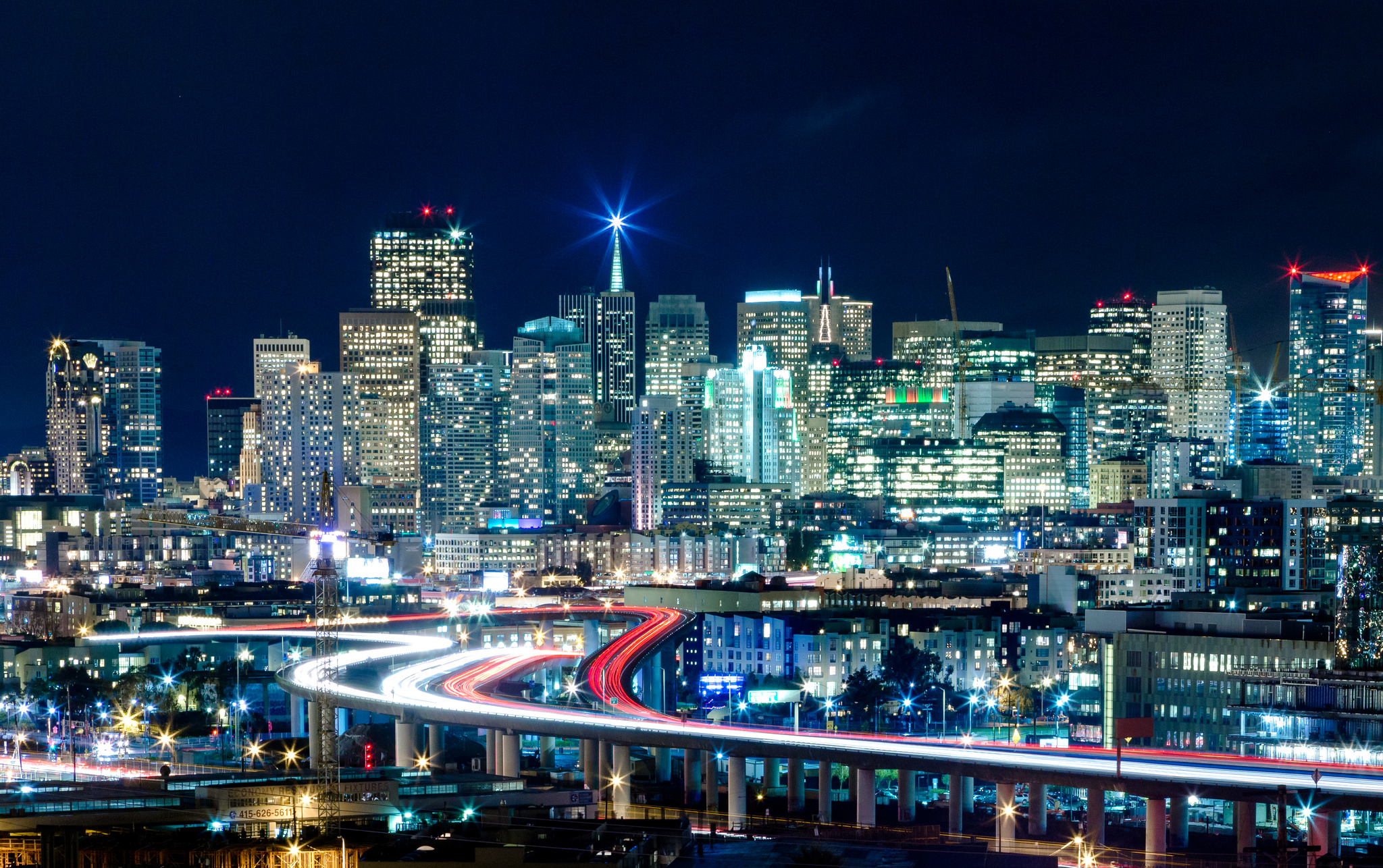 Download mobile wallpaper Cities, Night, Usa, City, Skyscraper, Building, Light, Road, Cityscape, San Francisco, Highway, Man Made, Time Lapse for free.