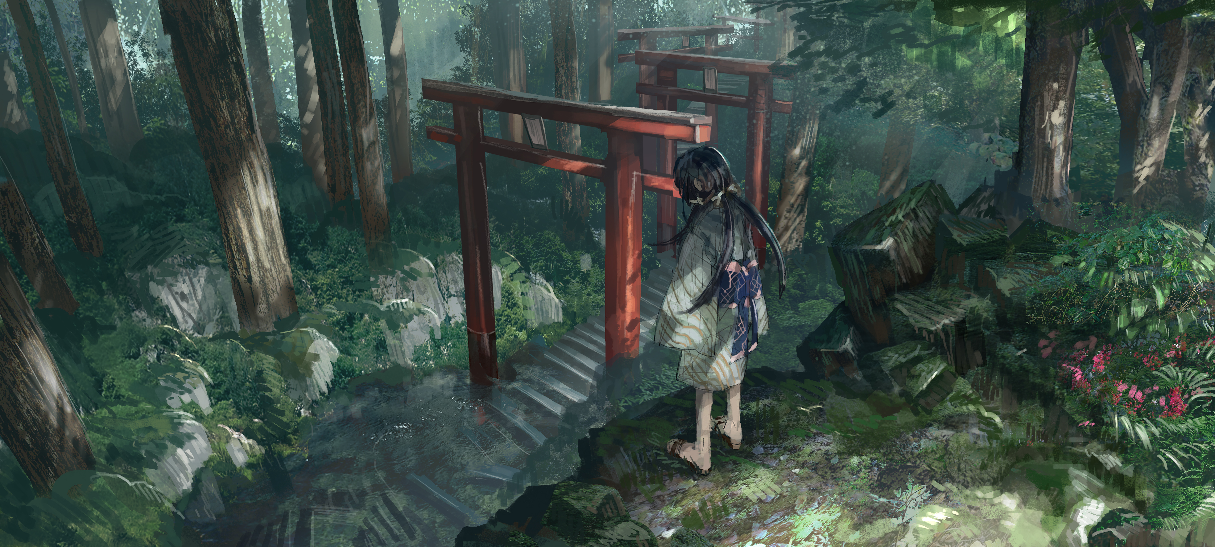 Laden Sie das Wald, Treppe, Torii, Schrein, Animes, Japanische Kleidung-Bild kostenlos auf Ihren PC-Desktop herunter