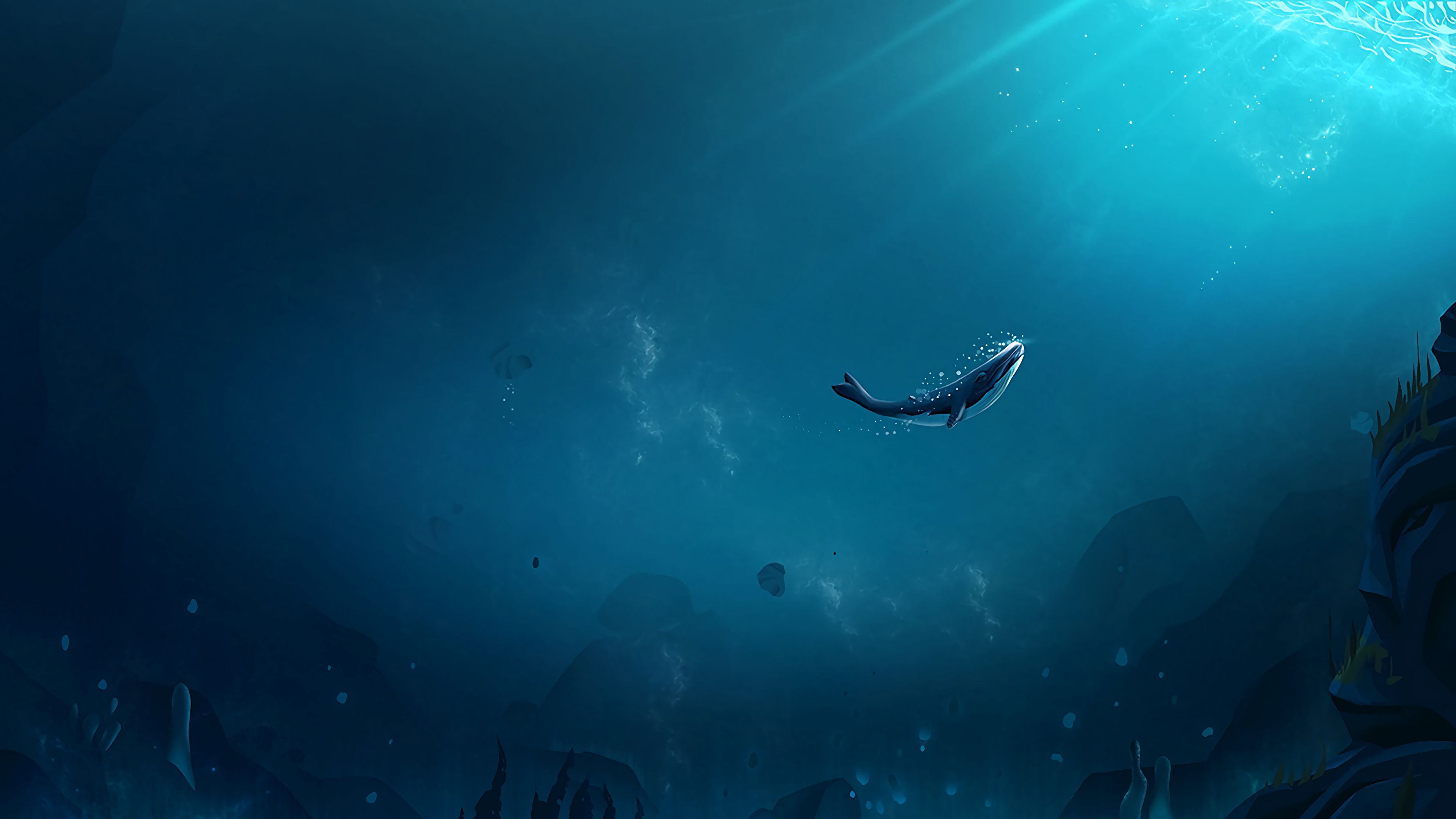 64598 скачать обои подводный мир, кит, лучи света, пузырьки воздуха, океан, арт, дно - заставки и картинки бесплатно