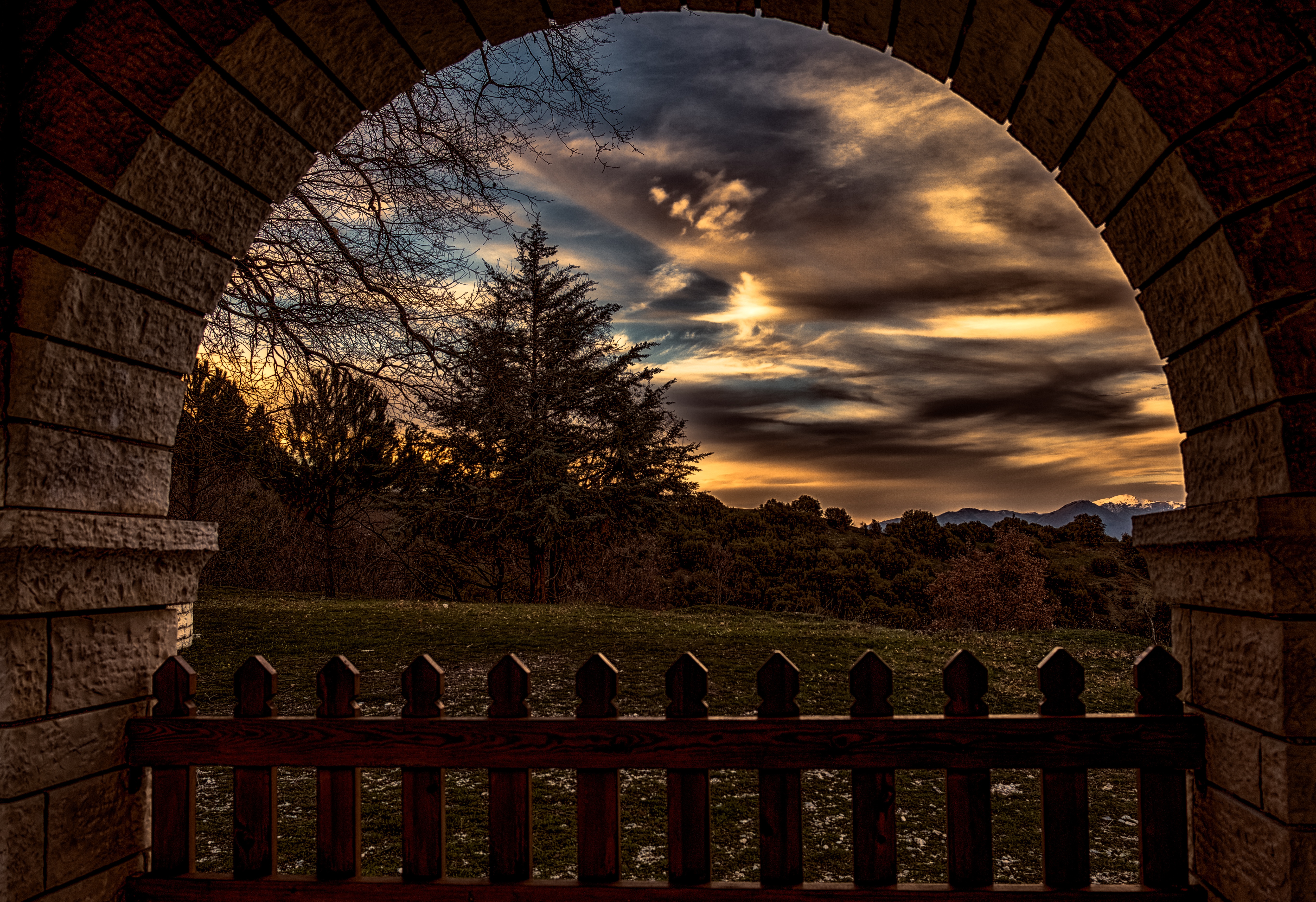 Free download wallpaper Nature, Sunset, Fence, Trees, Arch on your PC desktop