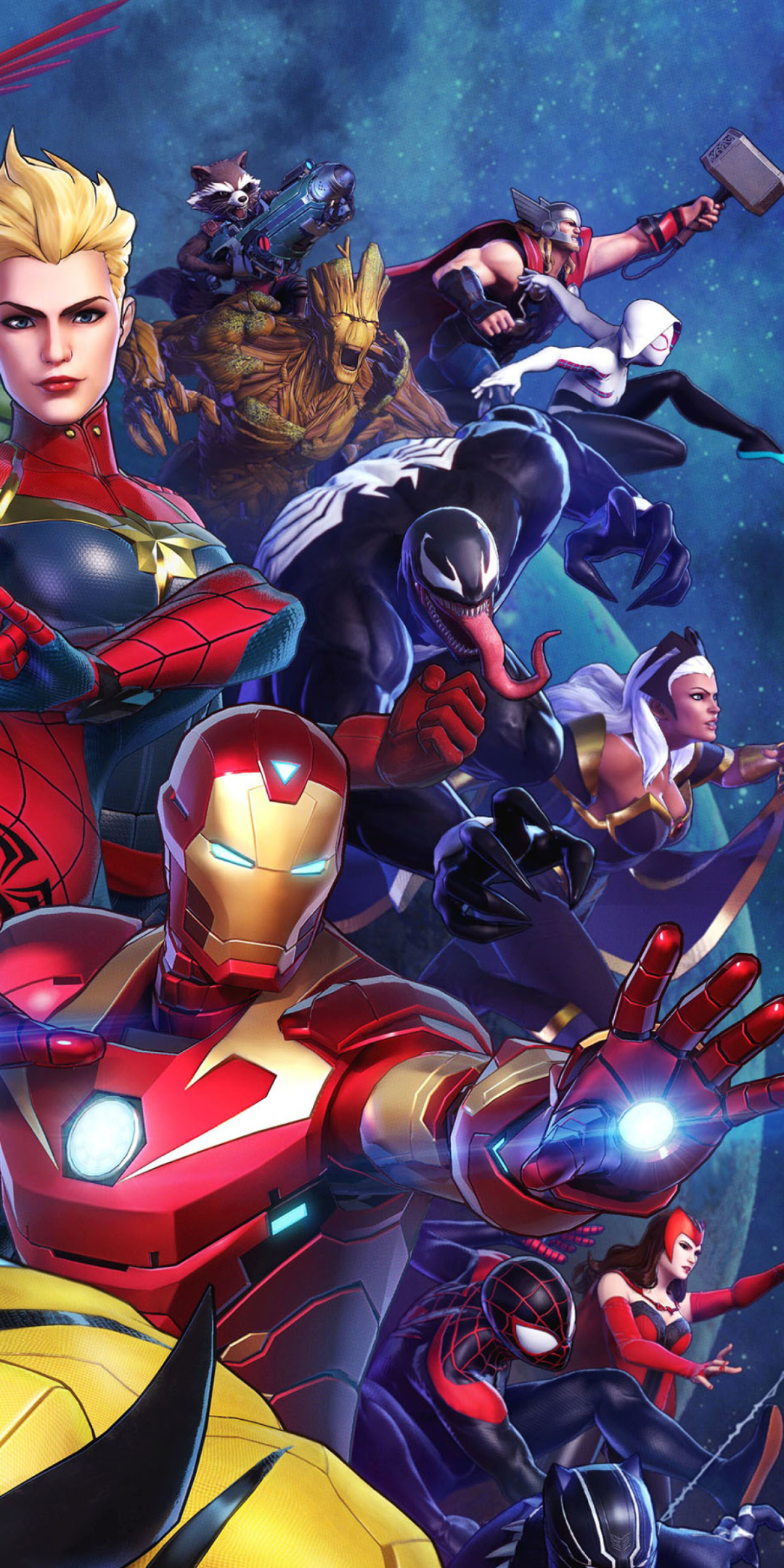 Download mobile wallpaper Iron Man, Venom, Video Game, Captain Marvel, Thor, Storm (Marvel Comics), Scarlet Witch, Falcon (Marvel Comics), Rocket Raccoon, Groot, Spider Gwen, Marvel Ultimate Alliance 3: The Black Order for free.