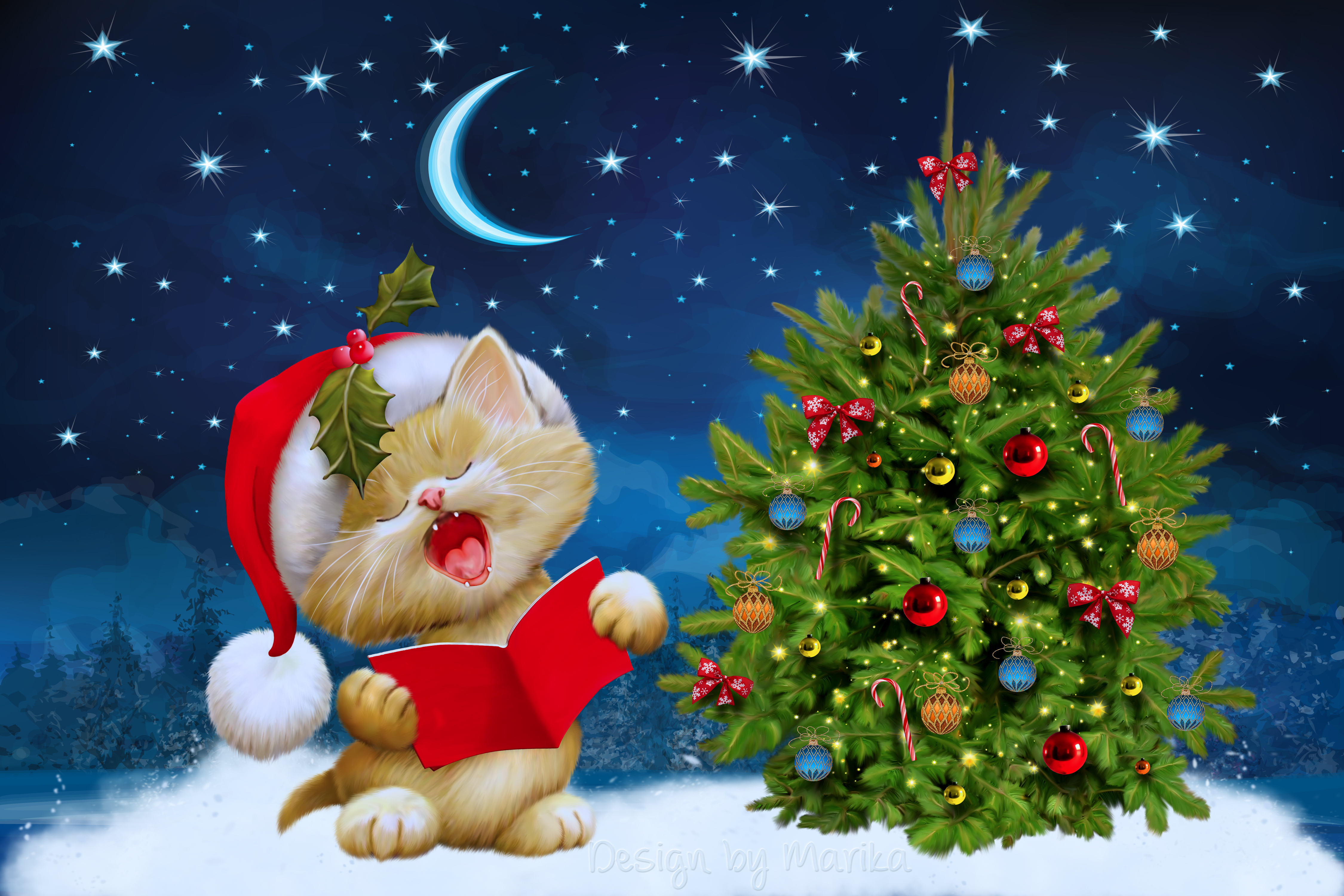 666015画像をダウンロードクリスマスオーナメント, ホリデー, クリスマス, ネコ, クリスマスツリー, サンタハット-壁紙とスクリーンセーバーを無料で