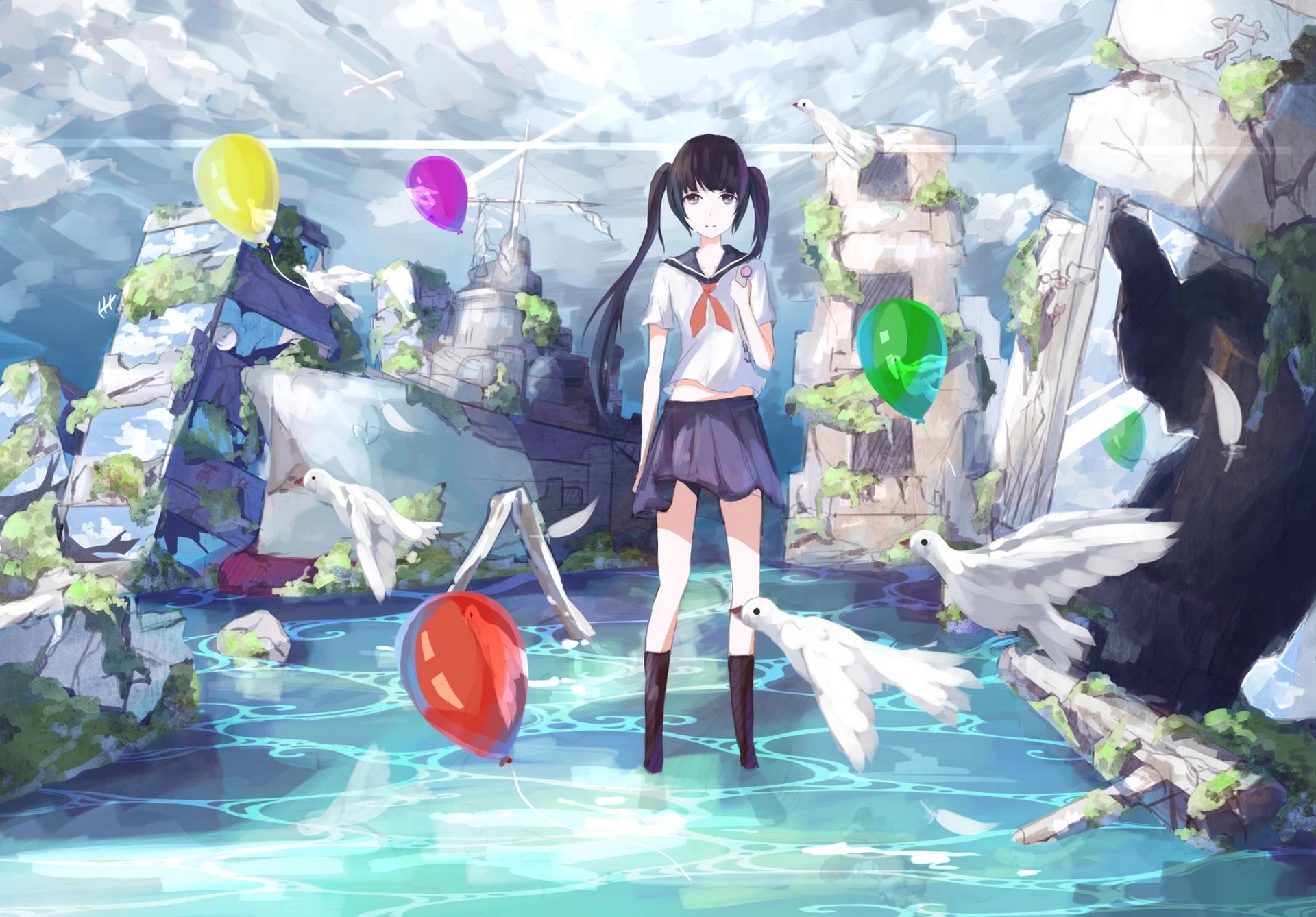 Download mobile wallpaper Anime, Water, Bird, Balloon, Girl, Ruin, School Uniform, Twintails for free.