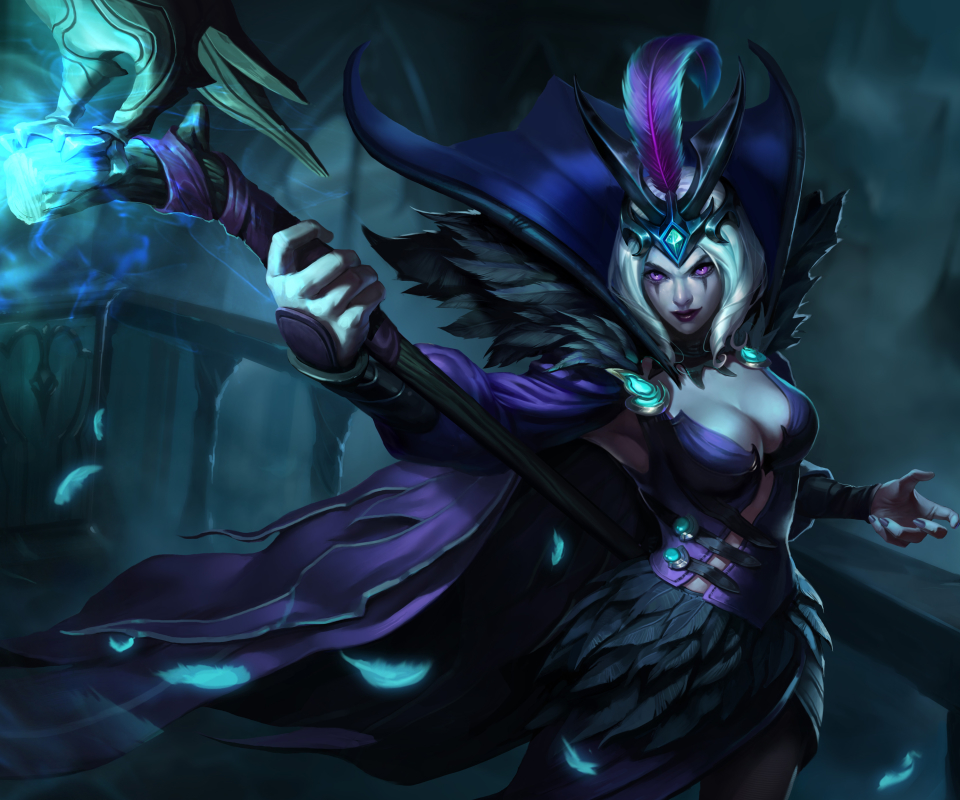 Download mobile wallpaper Fantasy, Feather, League Of Legends, Cape, Video Game, Purple Eyes, Woman Warrior, Leblanc (League Of Legends) for free.