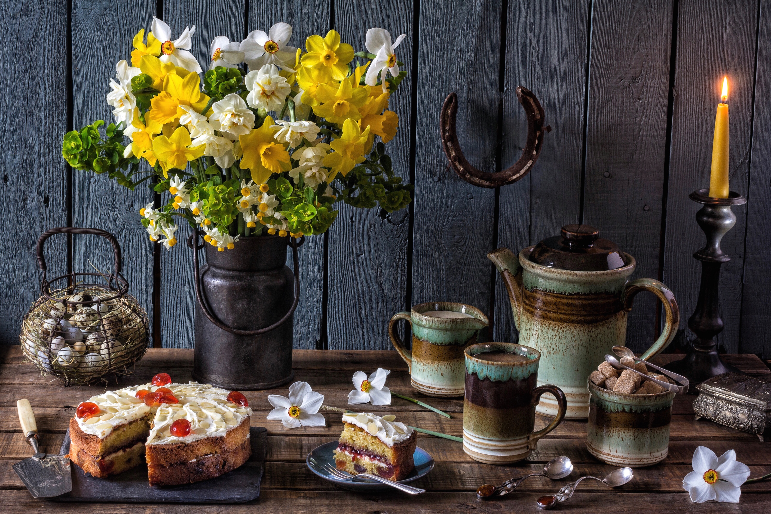 Download mobile wallpaper Coffee, Still Life, Flower, Cup, Cake, Photography, Daffodil for free.