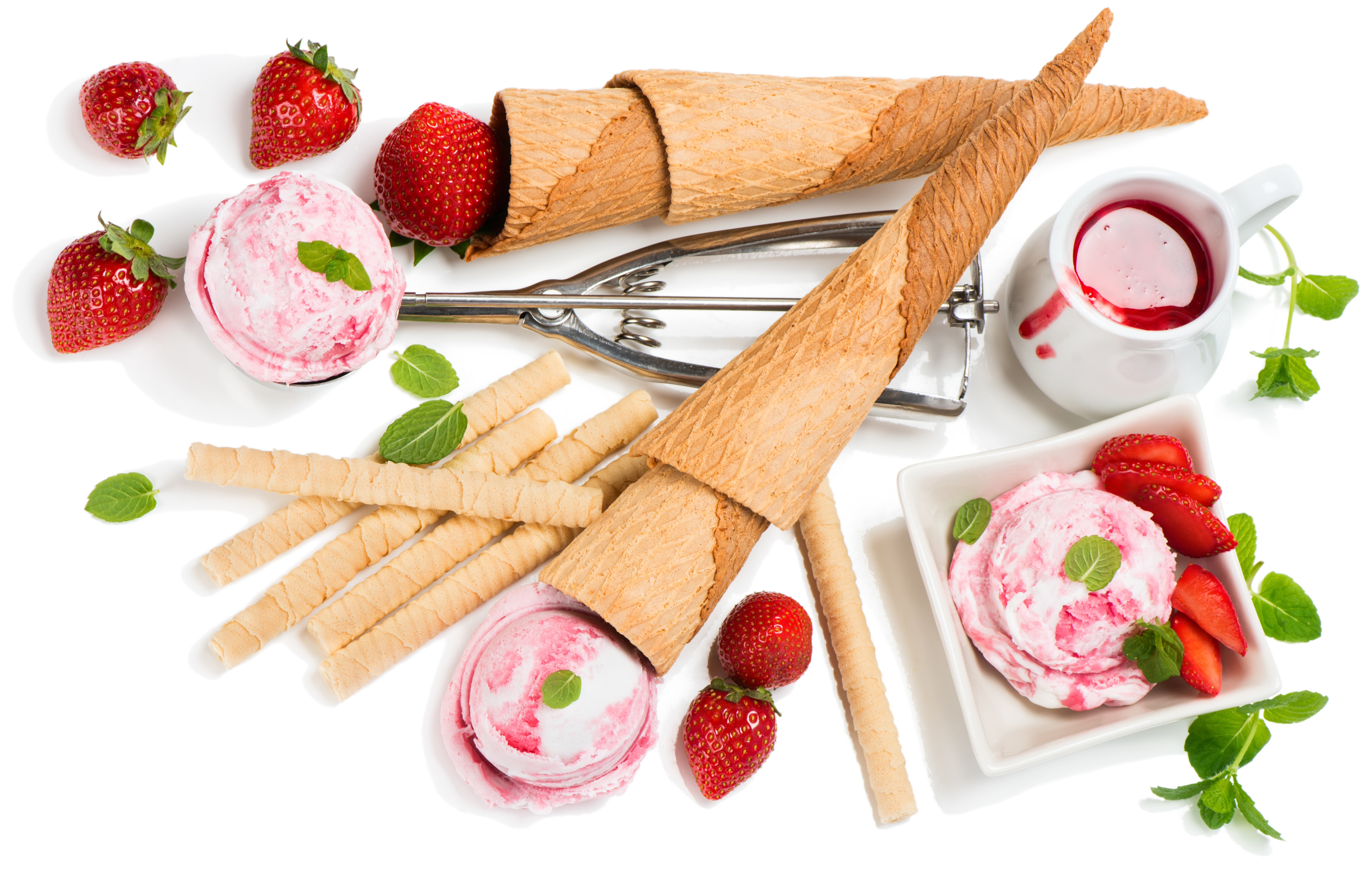 Laden Sie das Erdbeere, Eiscreme, Nahrungsmittel, Stillleben, Eishörnchen-Bild kostenlos auf Ihren PC-Desktop herunter