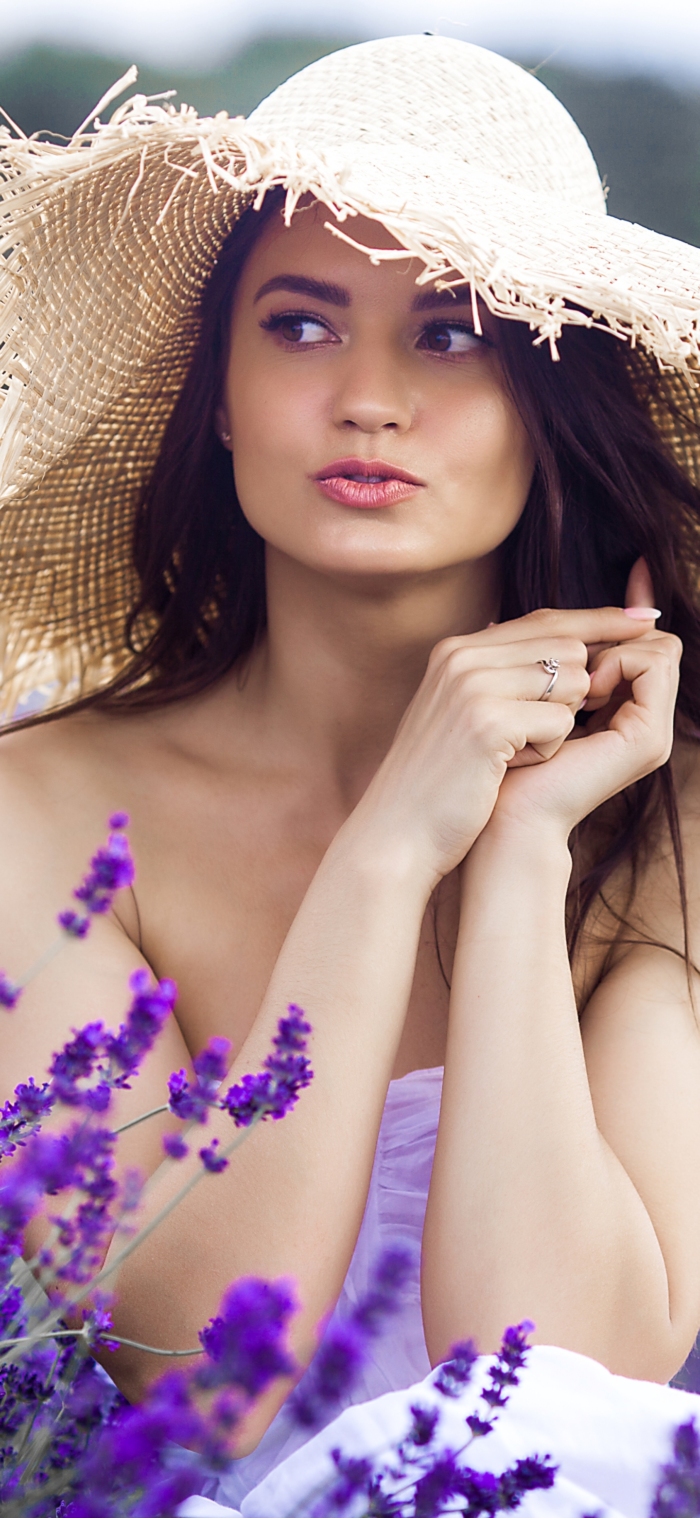 Download mobile wallpaper Hat, Brunette, Lavender, Model, Women, Purple Flower, Brown Eyes for free.