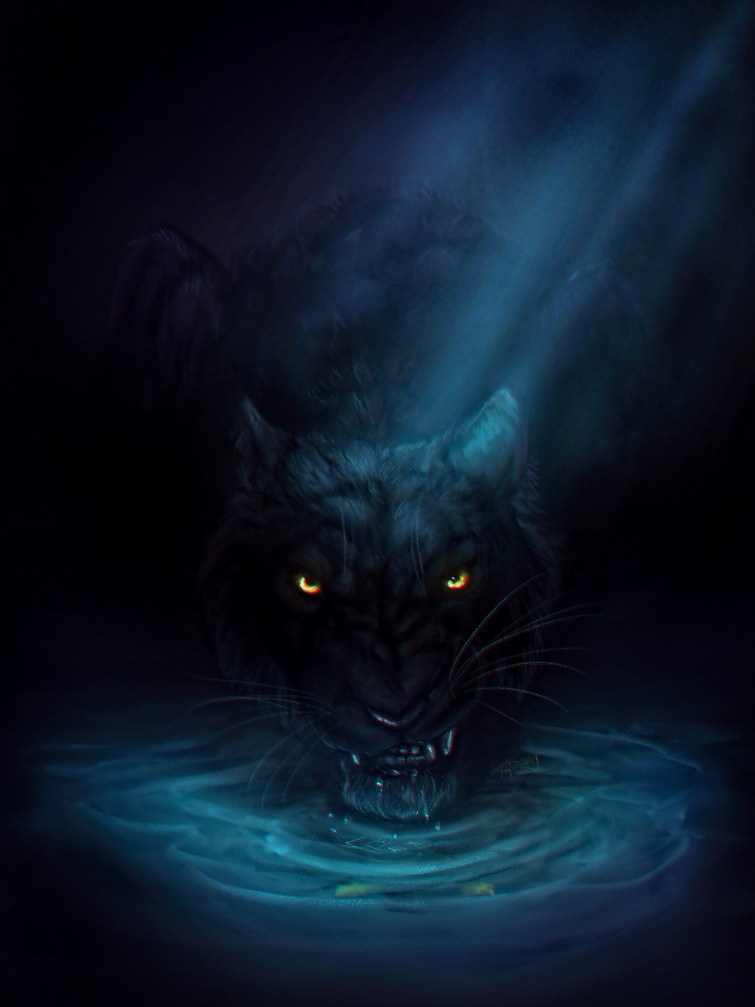 panther, big cat, grin, black, water, art