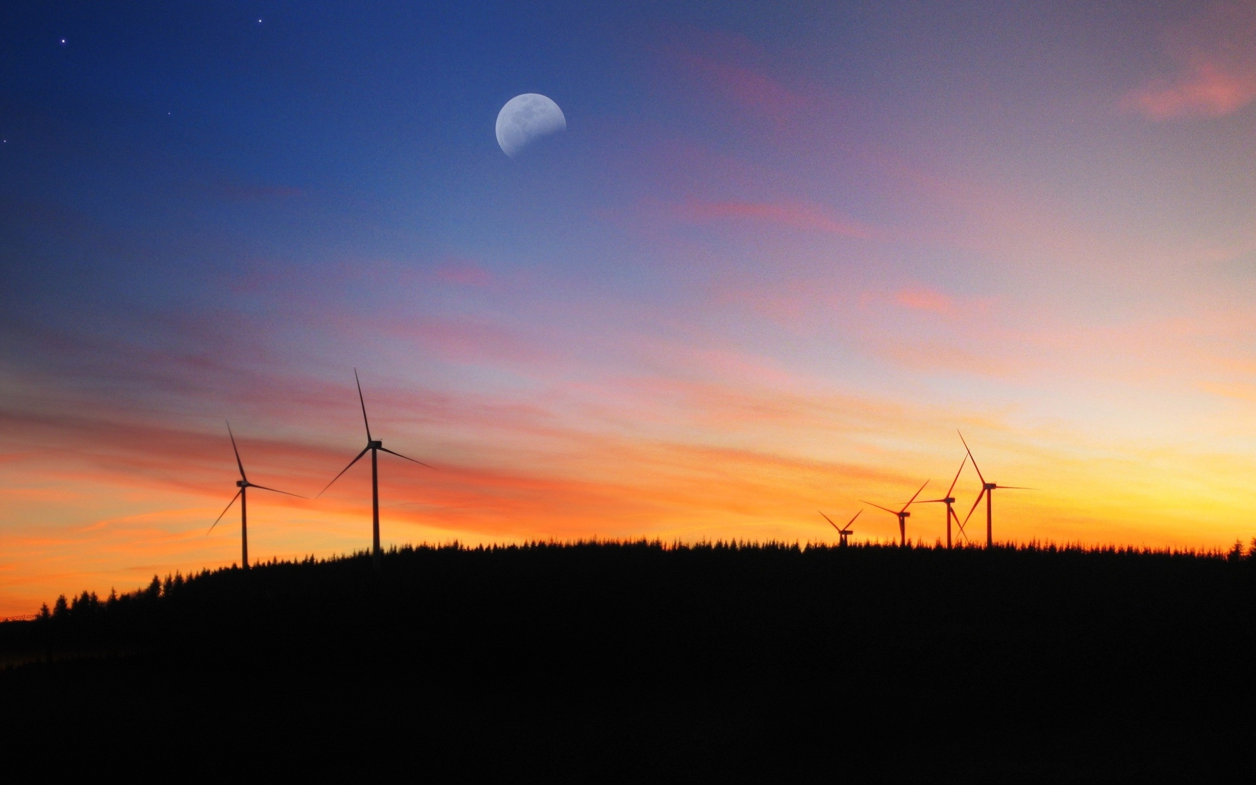 Download mobile wallpaper Moon, Sunrise, Wind Turbine, Man Made for free.