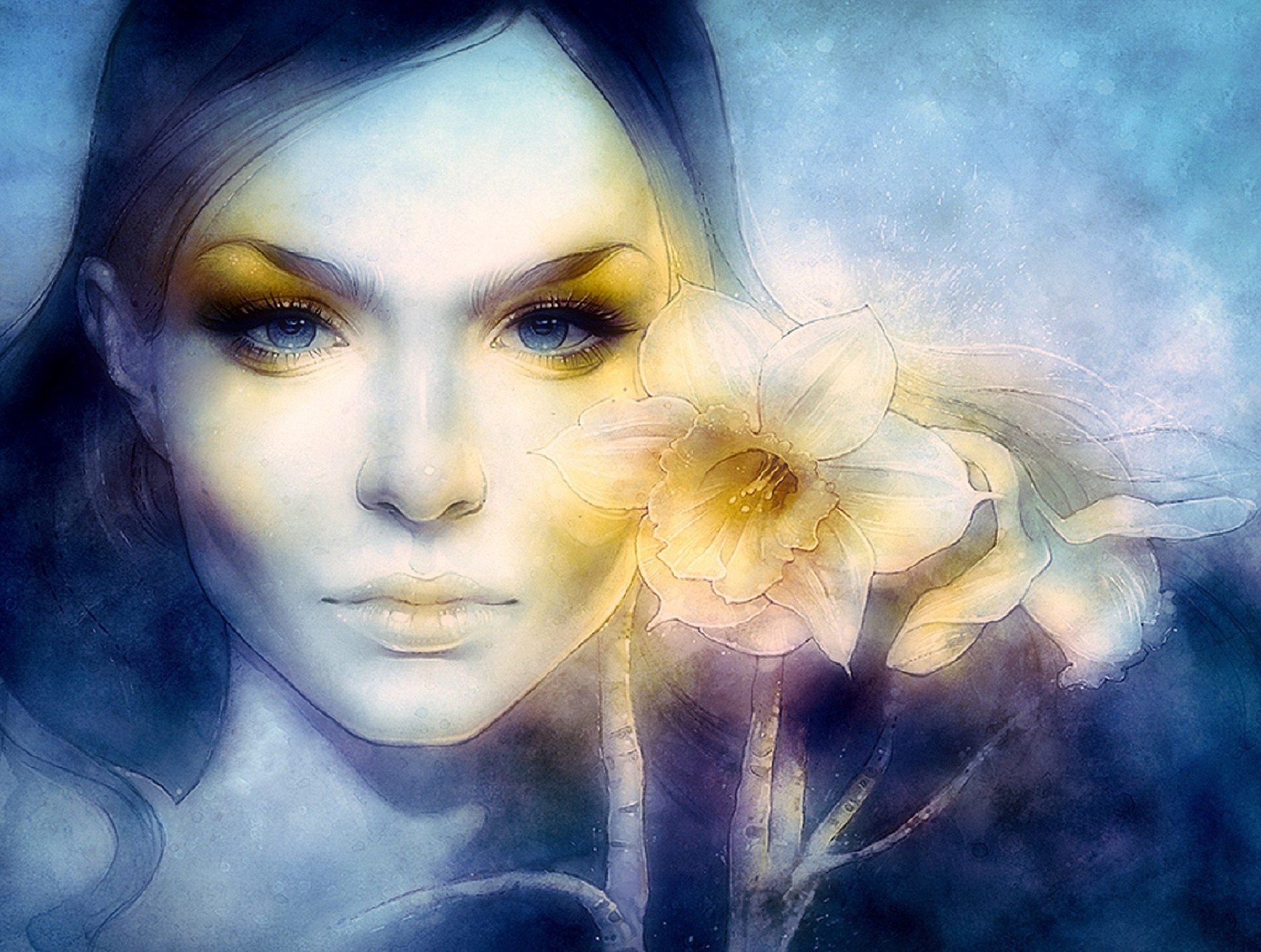 Free download wallpaper Flower, Drawing, Artistic, Blue Eyes on your PC desktop