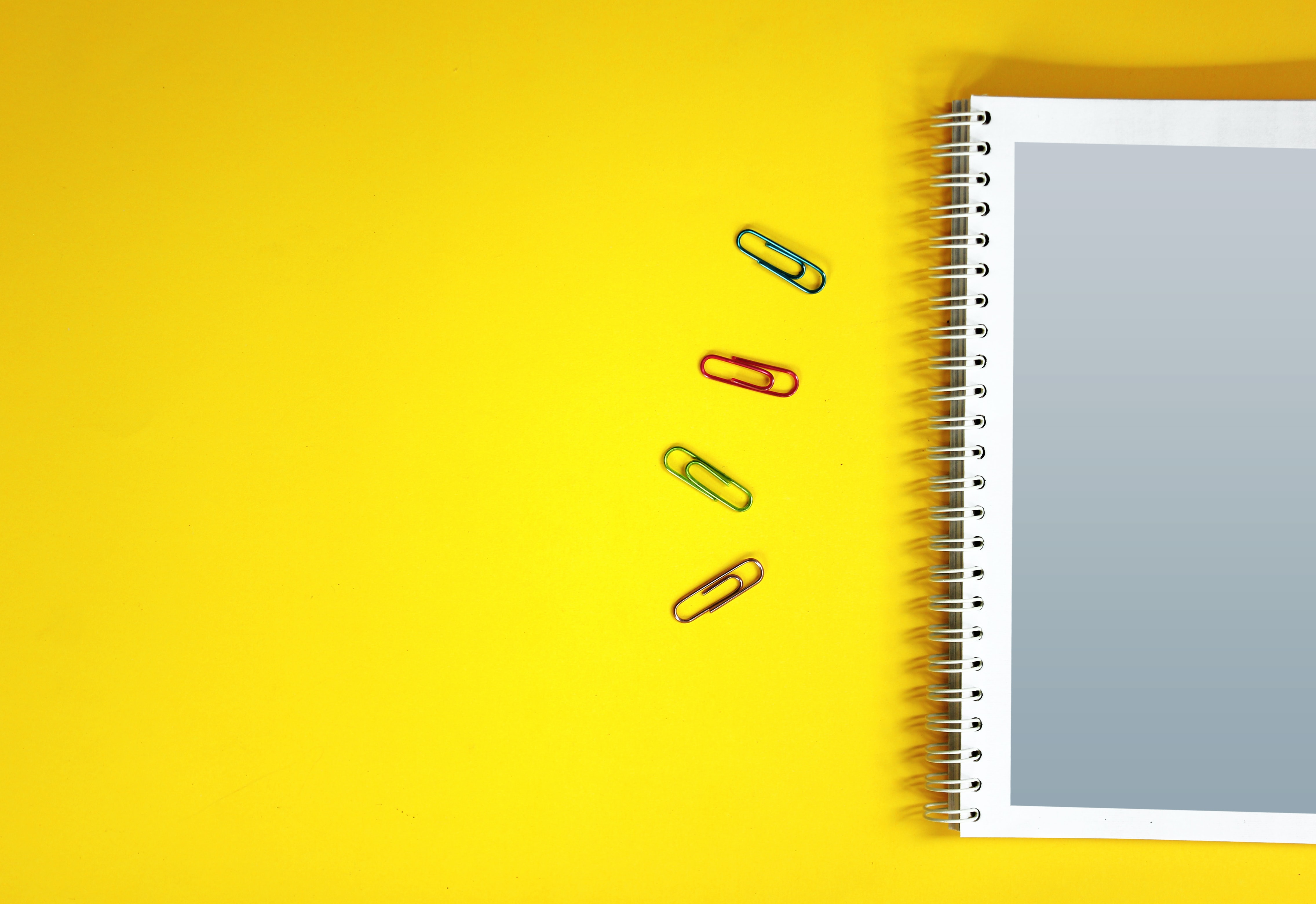 yellow, miscellanea, miscellaneous, surface, notebook, notepad, paper clips, paper clip