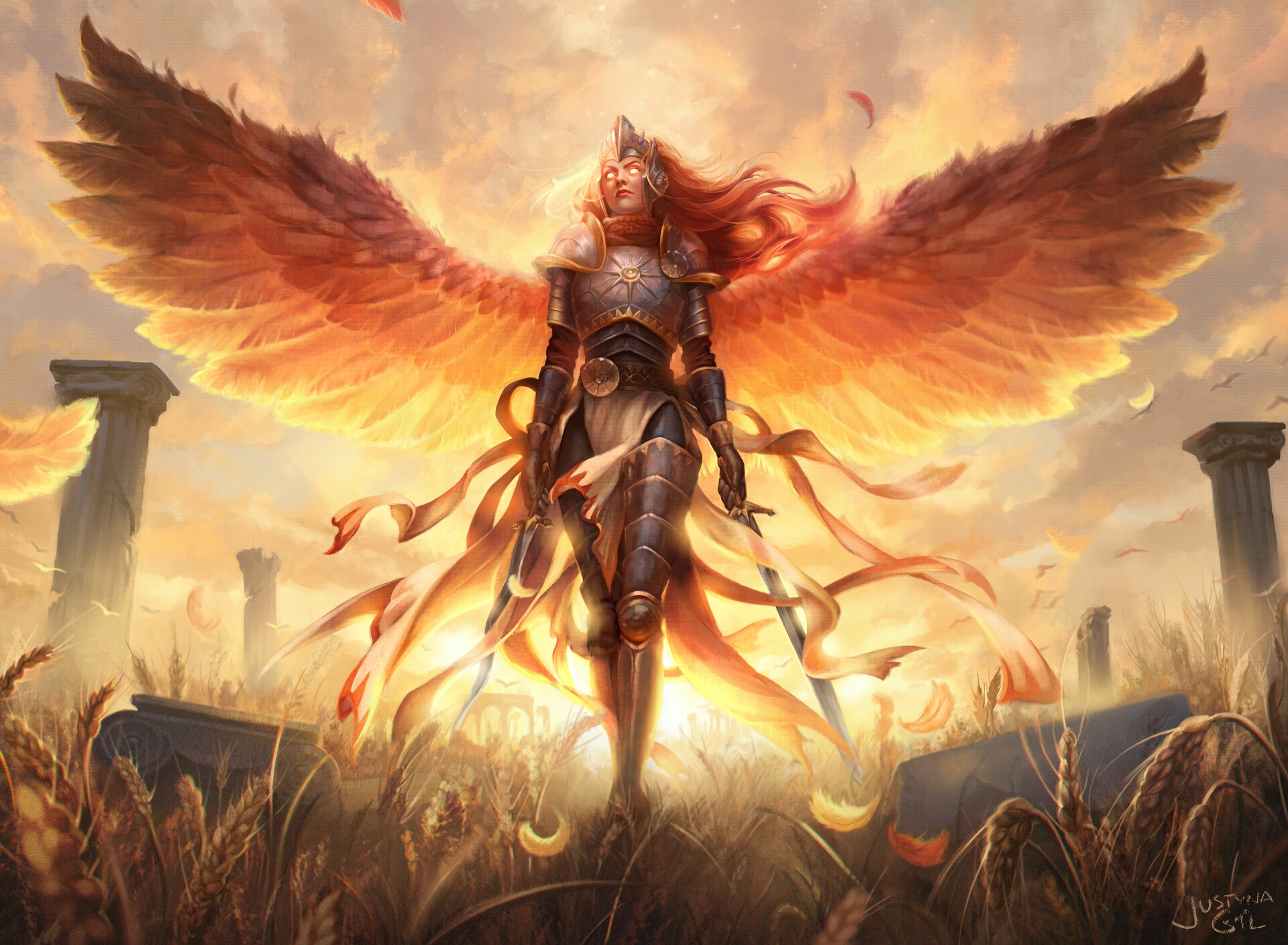 Laden Sie das Fantasie, Engel, Flügel, Schwert, Rote Haare, Engelskrieger-Bild kostenlos auf Ihren PC-Desktop herunter