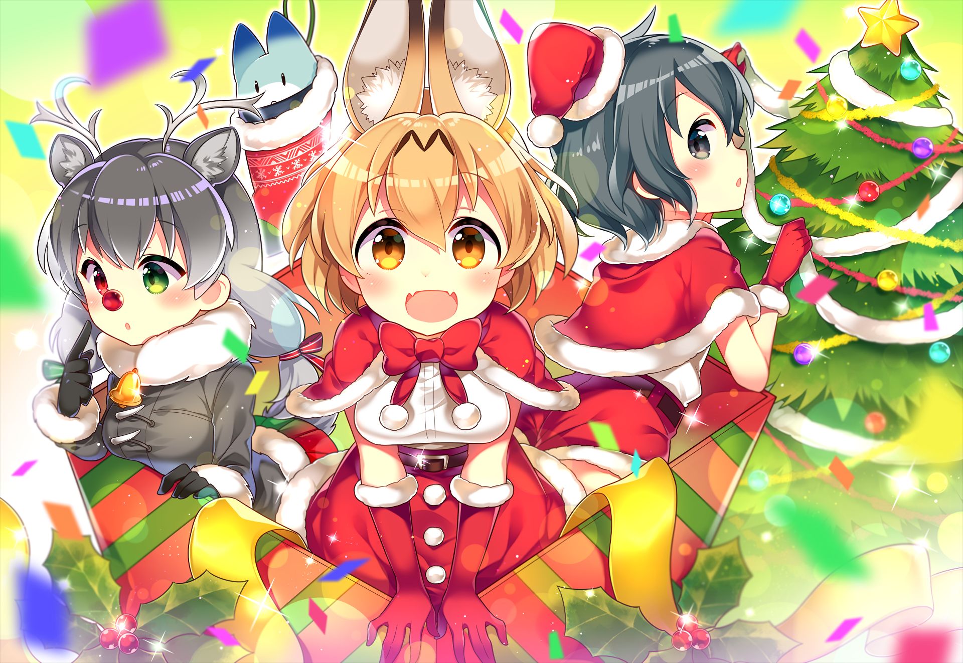 anime, kemono friends, christmas, heterochromia, kaban (kemono friends), lucky beast (kemono friends), reindeer (kemono friends), serval (kemono friends)