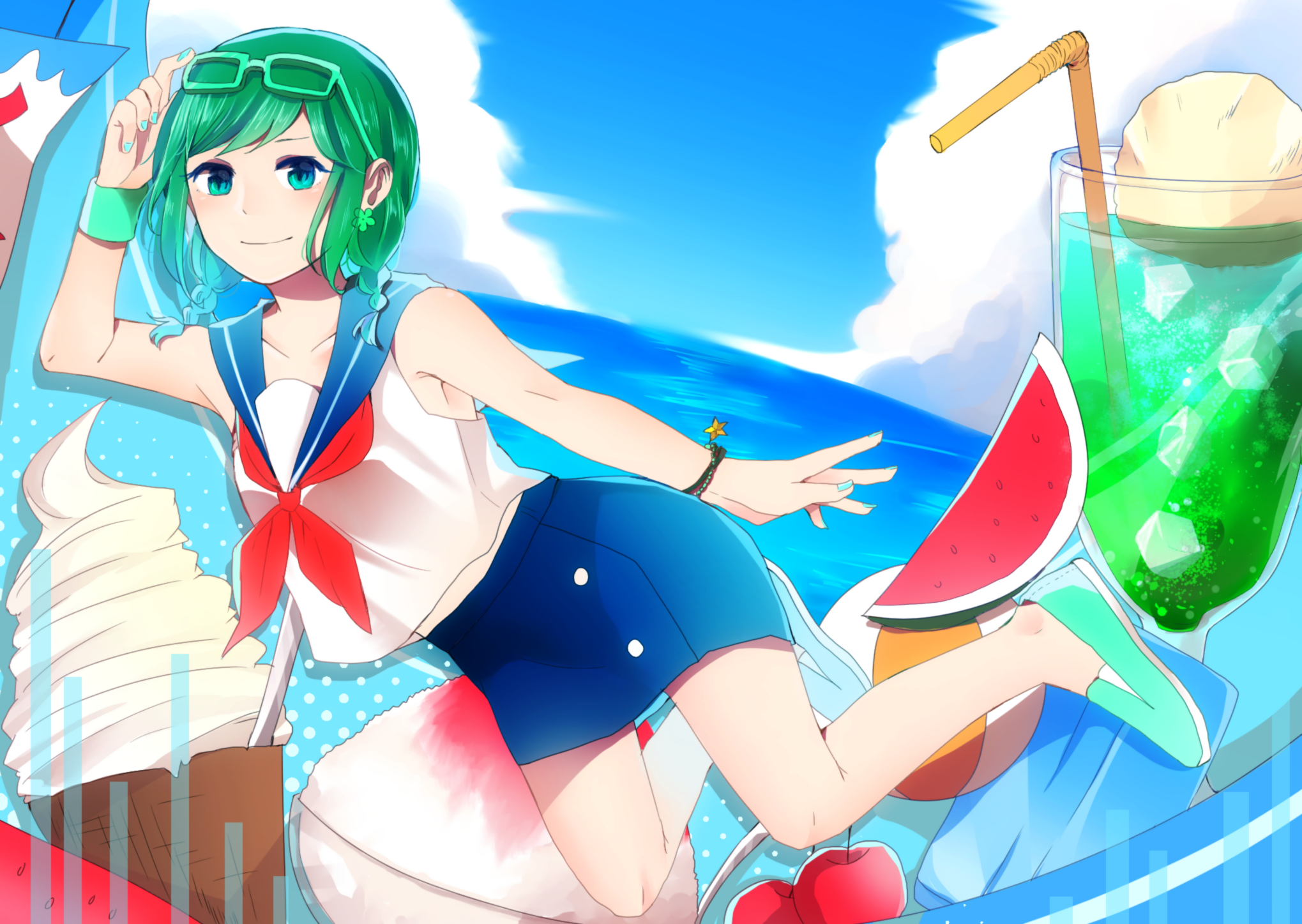 Download mobile wallpaper Anime, Food, Ice Cream, Smile, Colorful, Watermelon, Drink, Vocaloid, Glasses, Green Hair, Skirt, Green Eyes, Blush, School Uniform, Short Hair, Gumi (Vocaloid) for free.